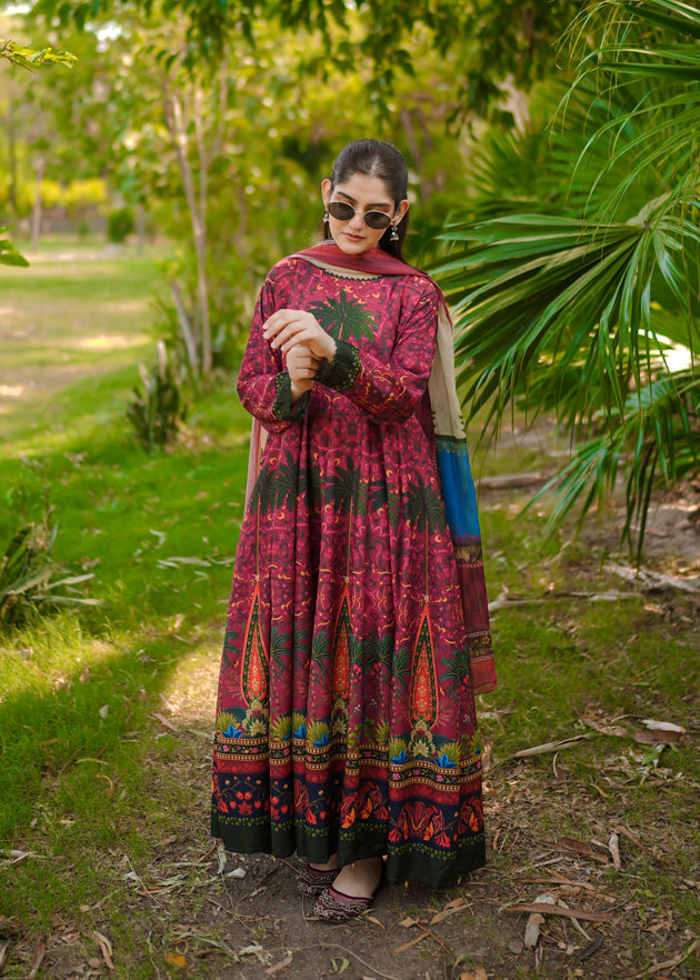 poly lawn Anarkali in Blood red, tomato red, fire red