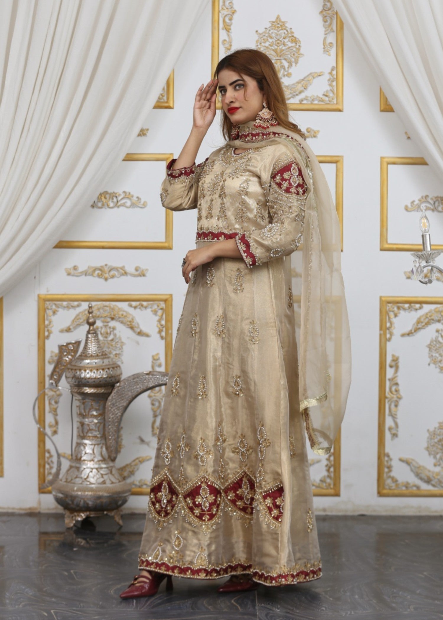 khaddi net shabnam zari Maxi in Beige