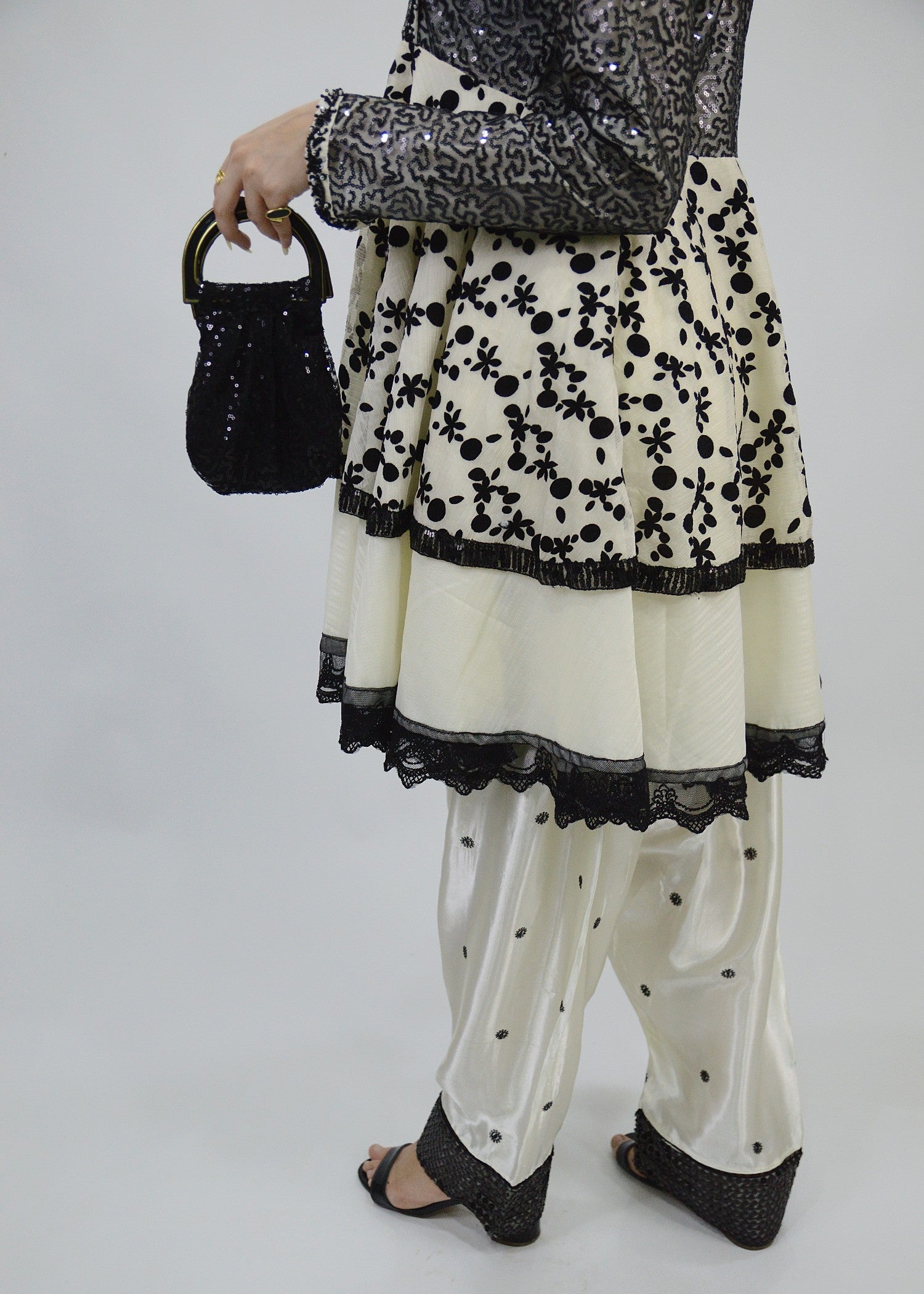 chiffon Short Frock in White, off-white, black