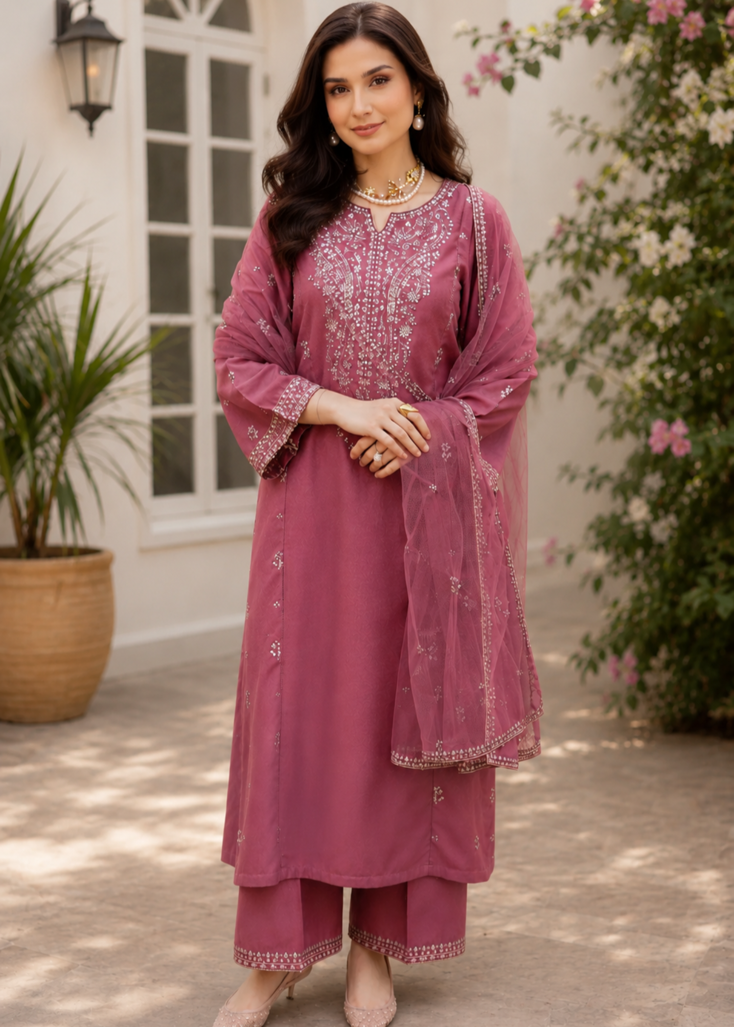 linen Kurta Set in Hot pink red