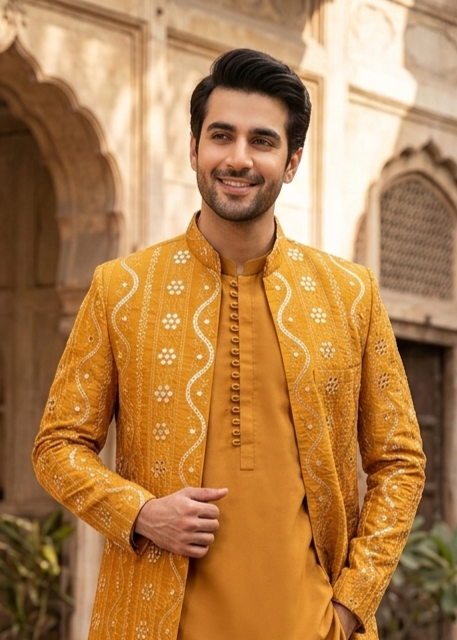 silk Prince Coat in Mustard, gold