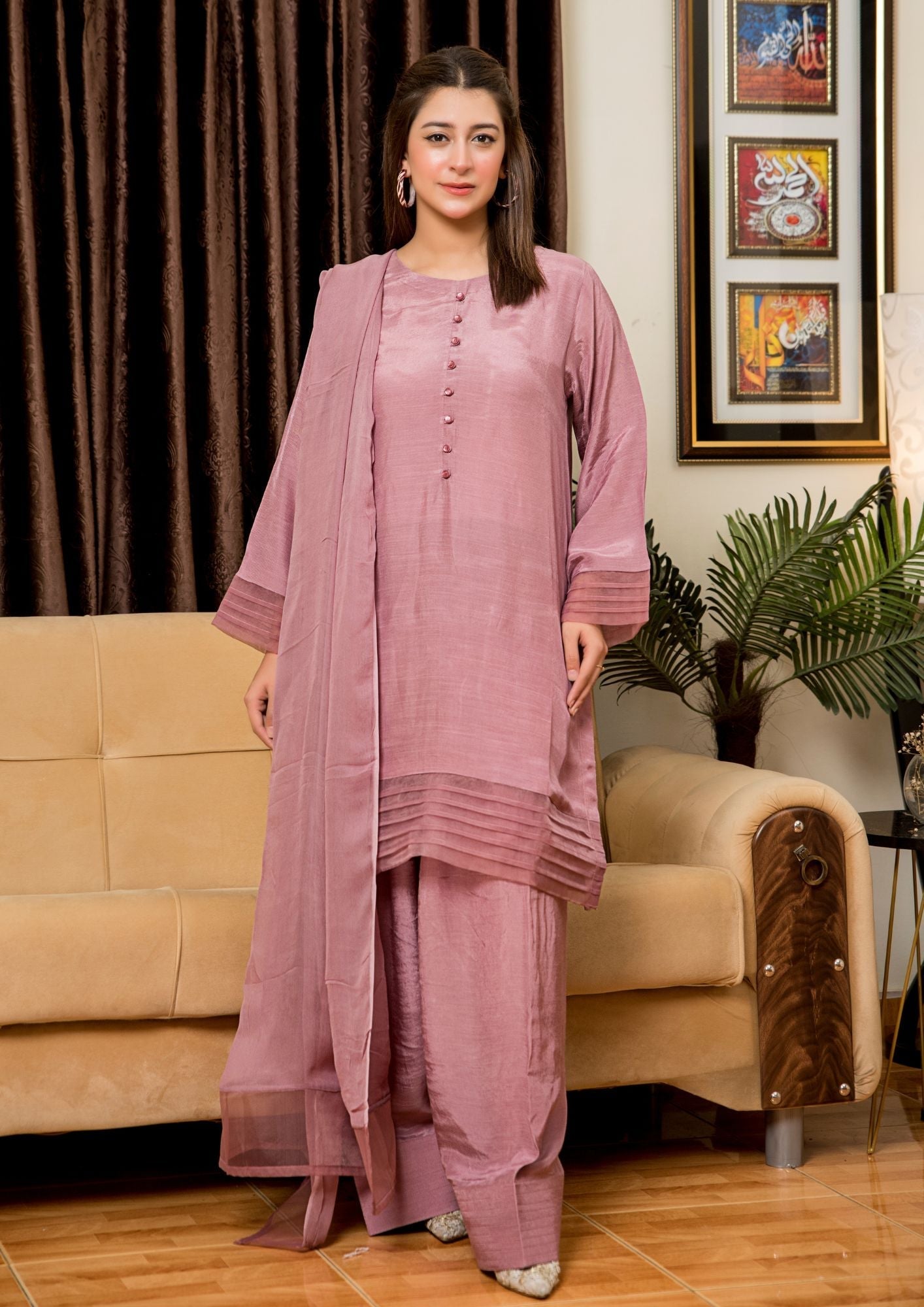 viscose raw silk Kurta Set in Tea rose pink