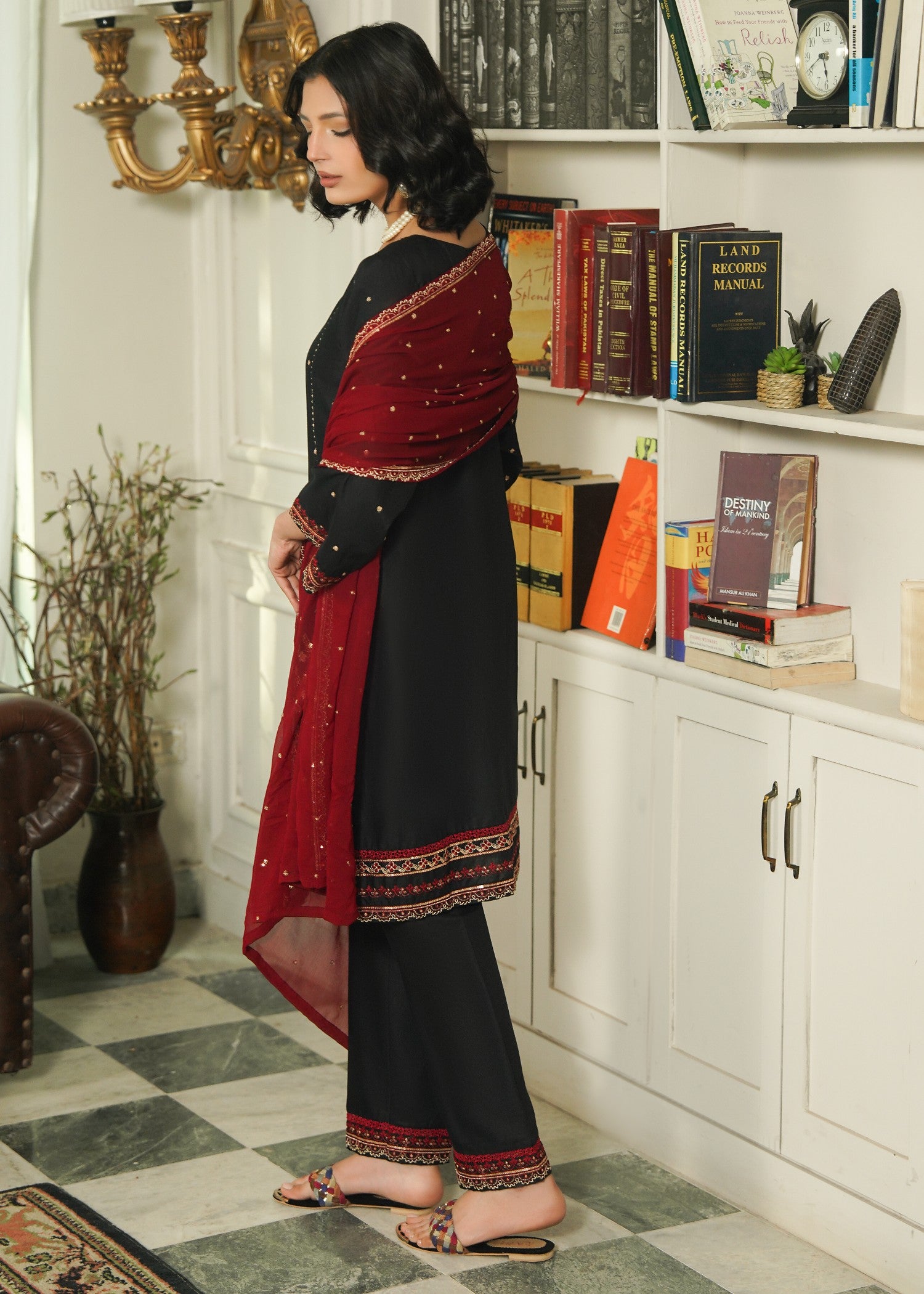 cotton Kurta Set in Black, maroon