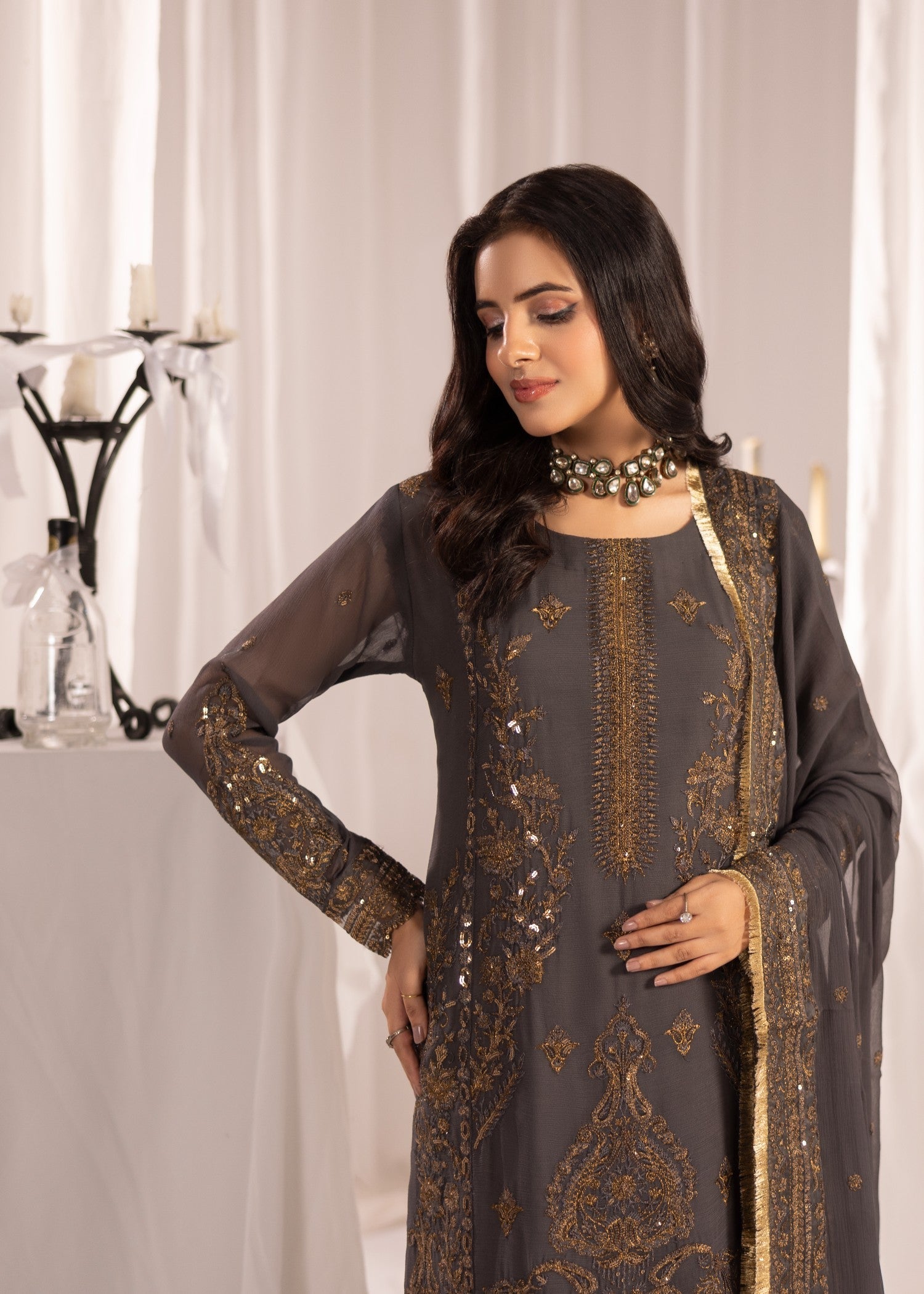 bemberg crinkle chiffon Kurta Set in Dark grey