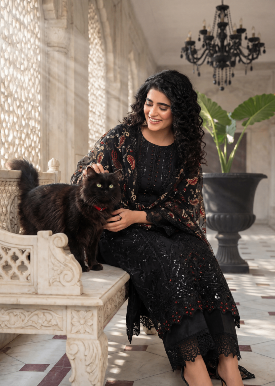 net Kurta Set in Black