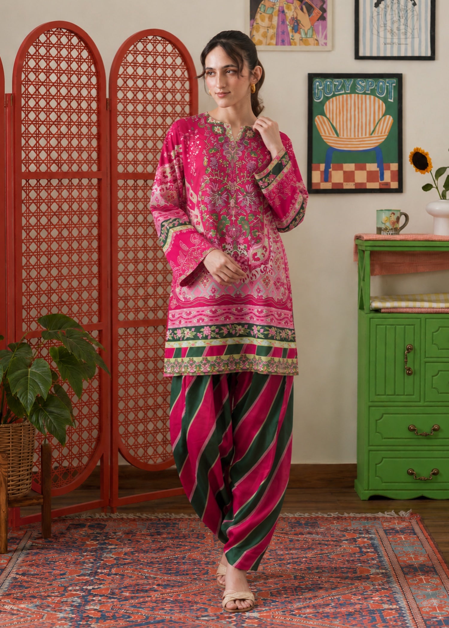 poly lawn Kurta Set in Shocking pink