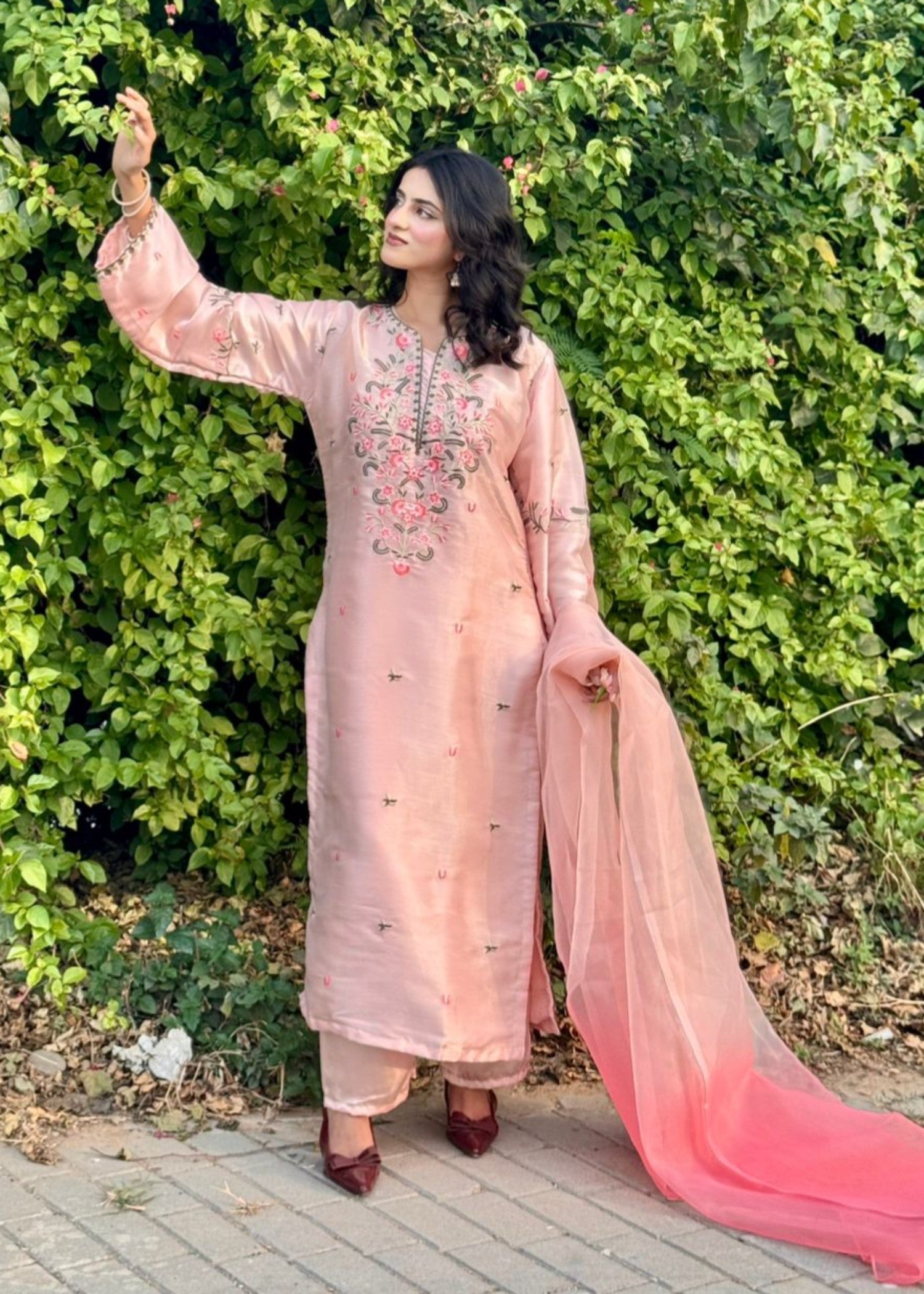 tussar silk Kurta Set in Tea rose pink