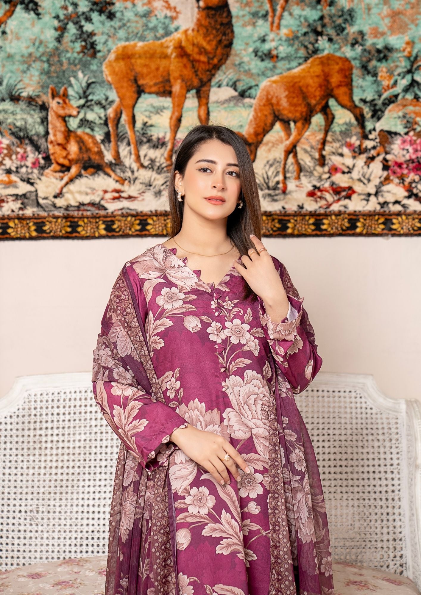 arabic lawn Kurta Set in Rose red
