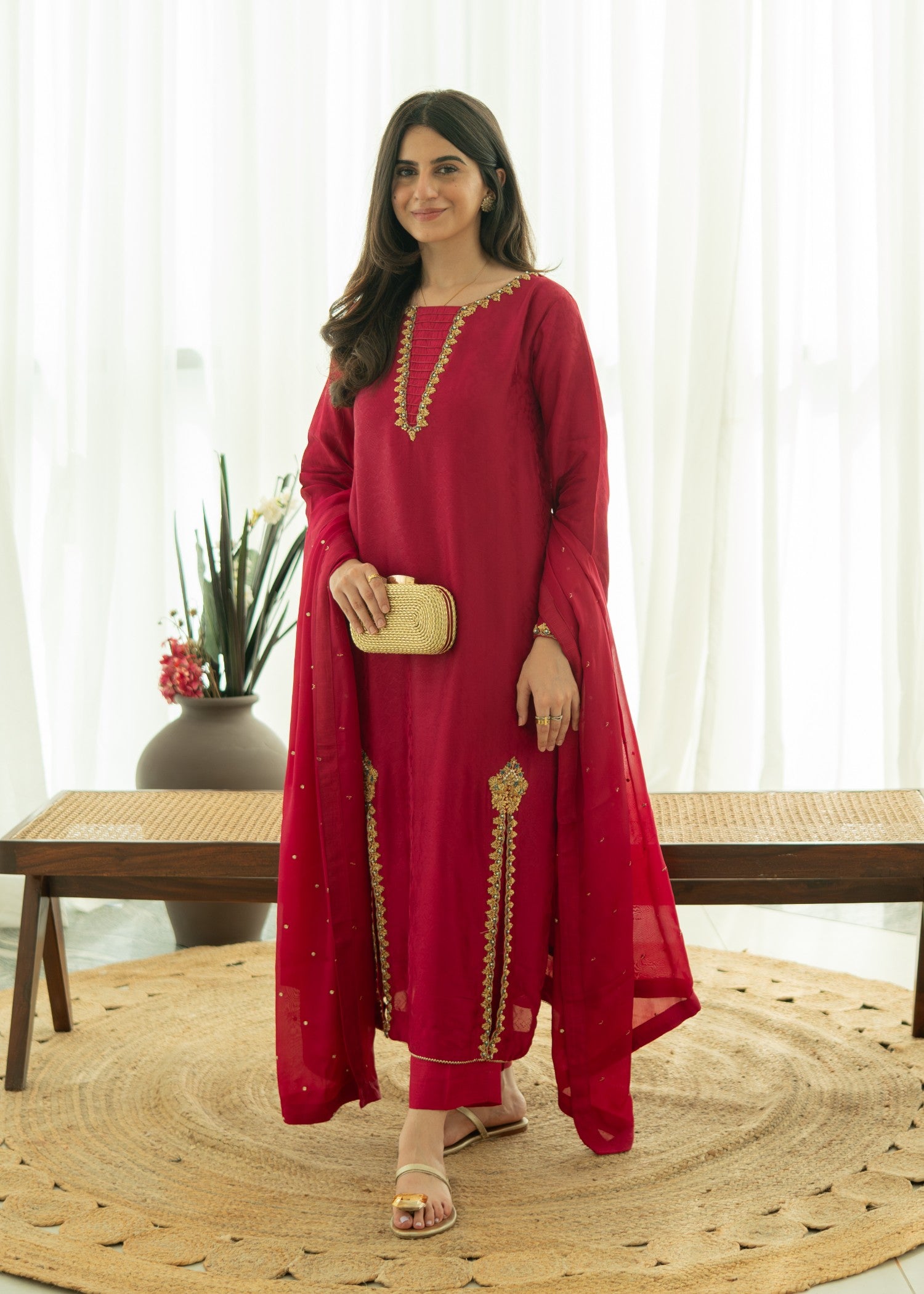 silk Kurta Set in Raspberry pink