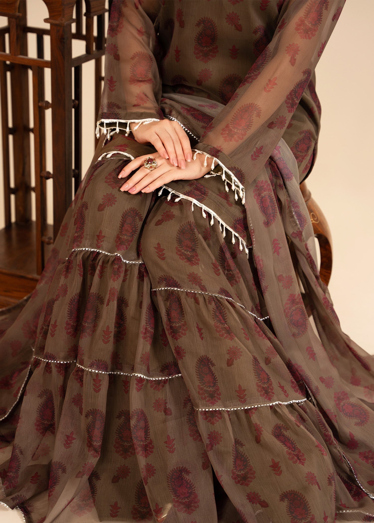bemberg crinkle chiffon Gharara in Brown