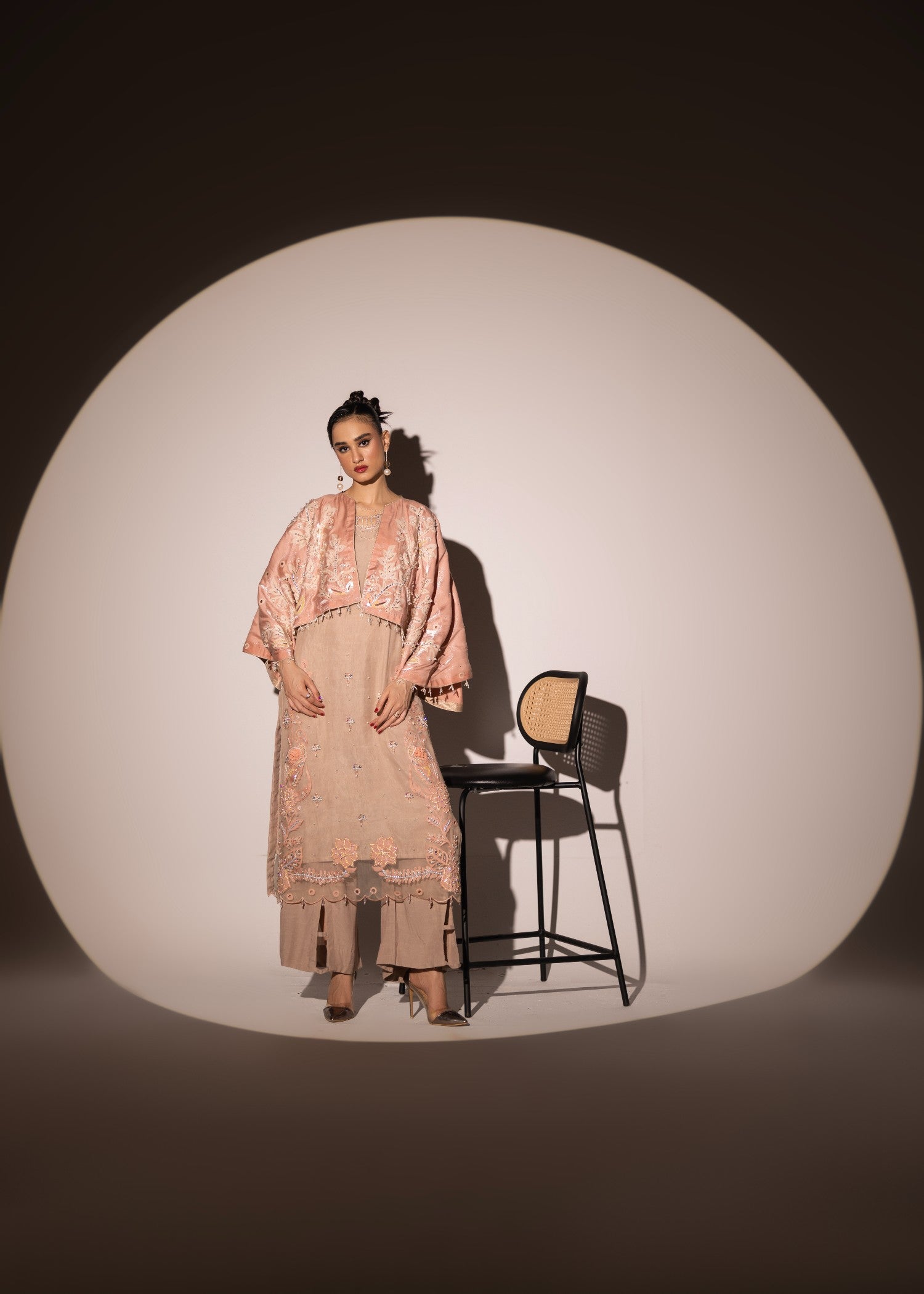 poly organza Kurta Set in Peach pink, almond brown