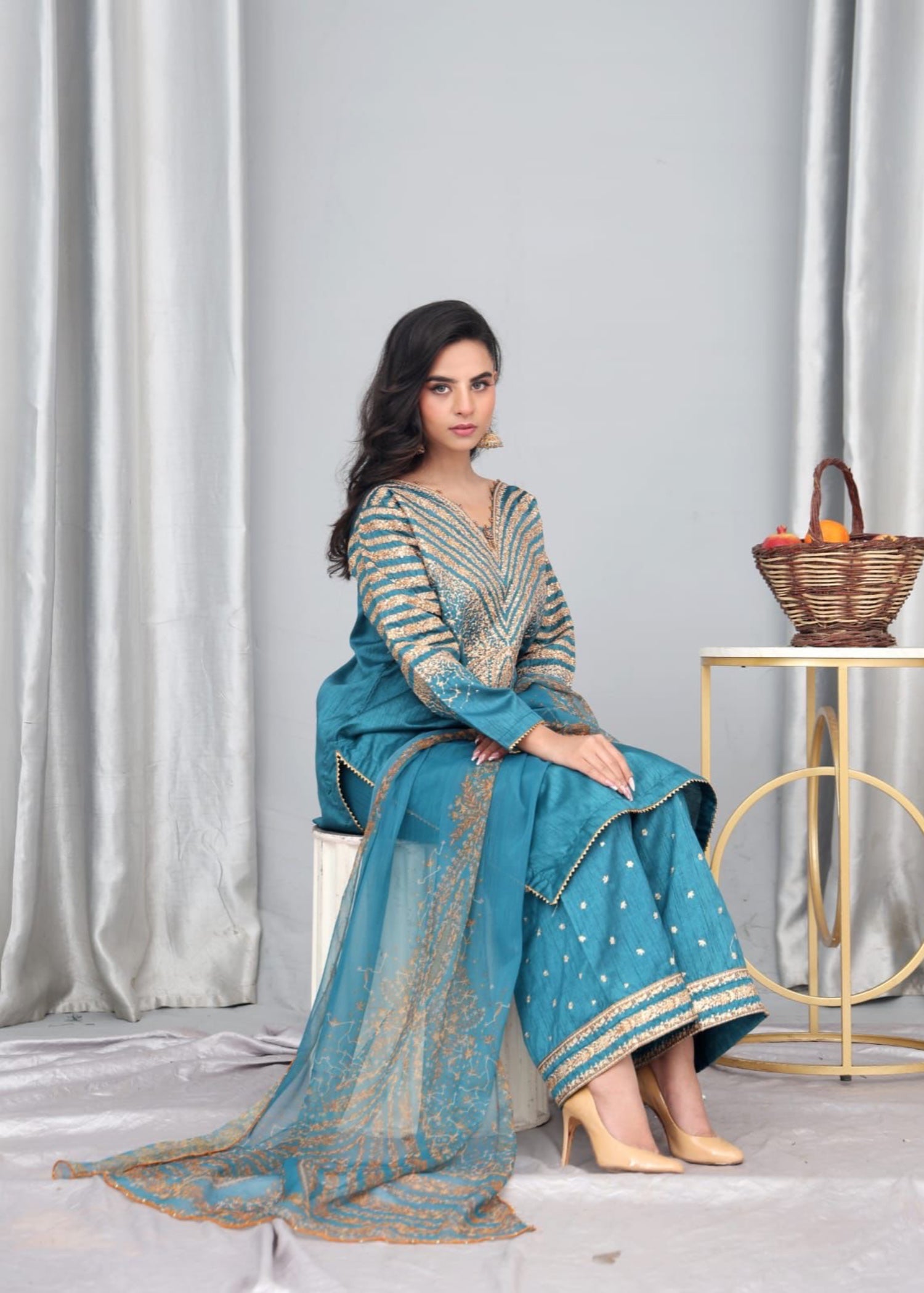 raw silk Kurta Set in Turquoise