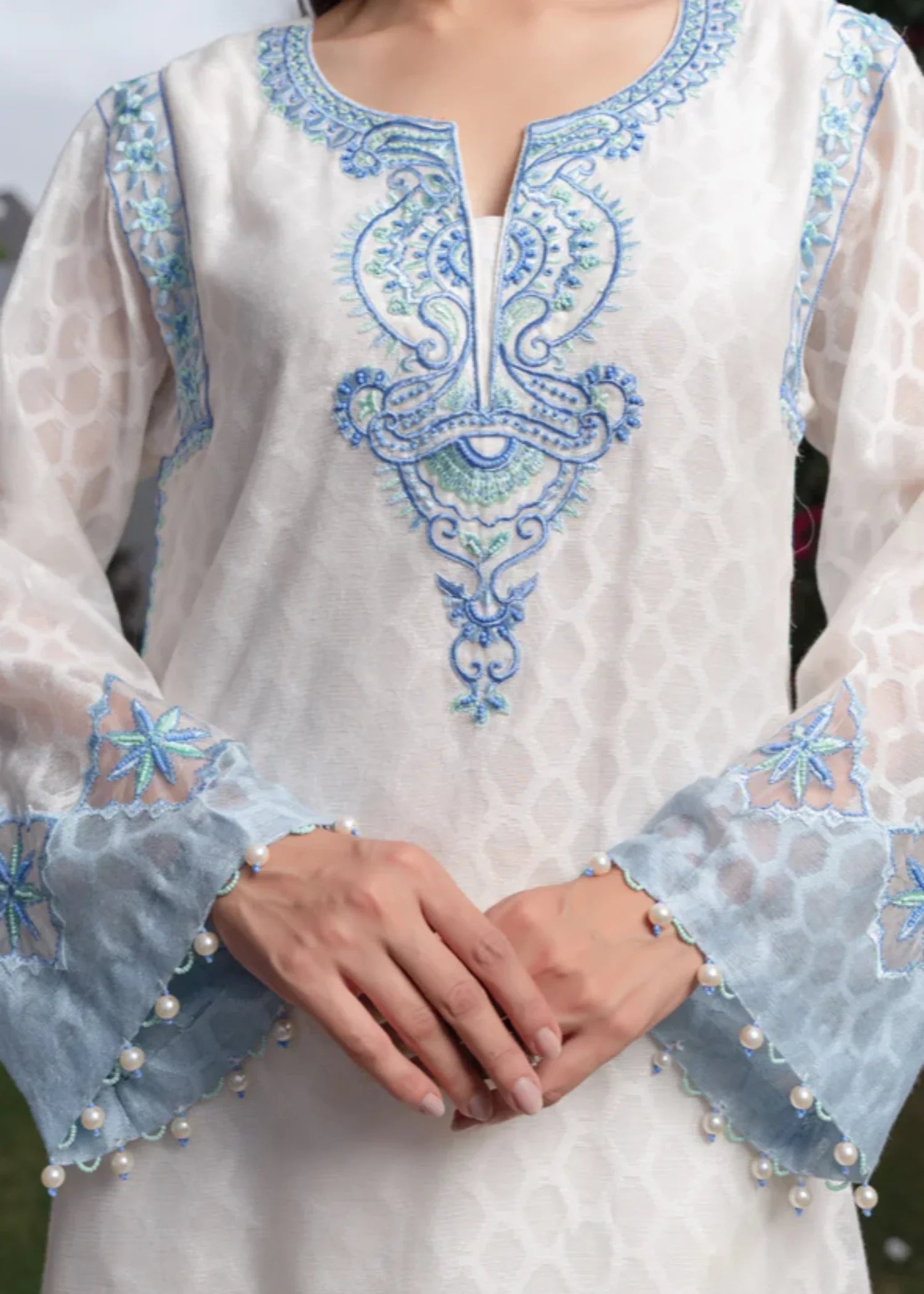 khaddi net Kurta Set in White