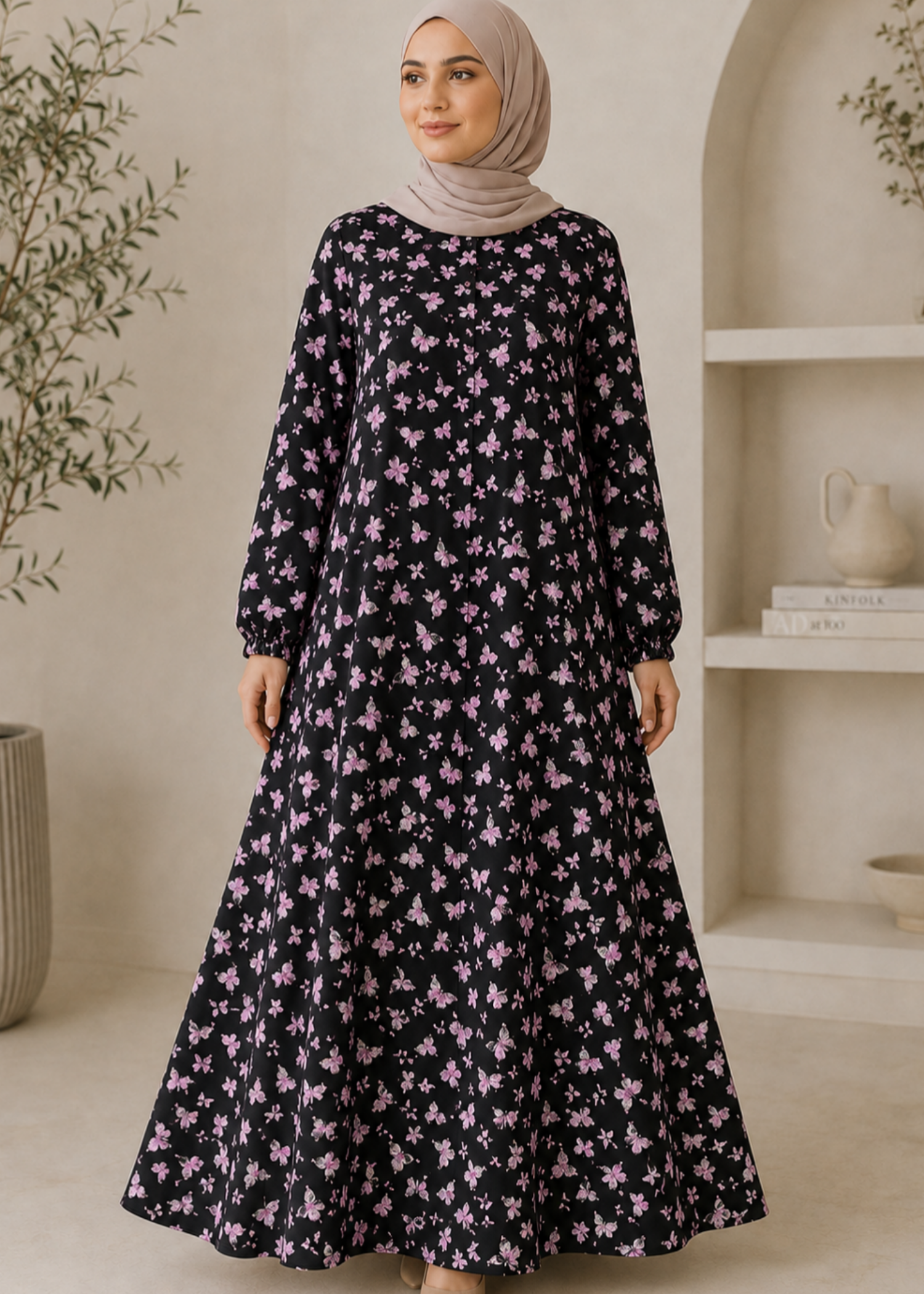 crepe georgette Abaya in Baby pink, black