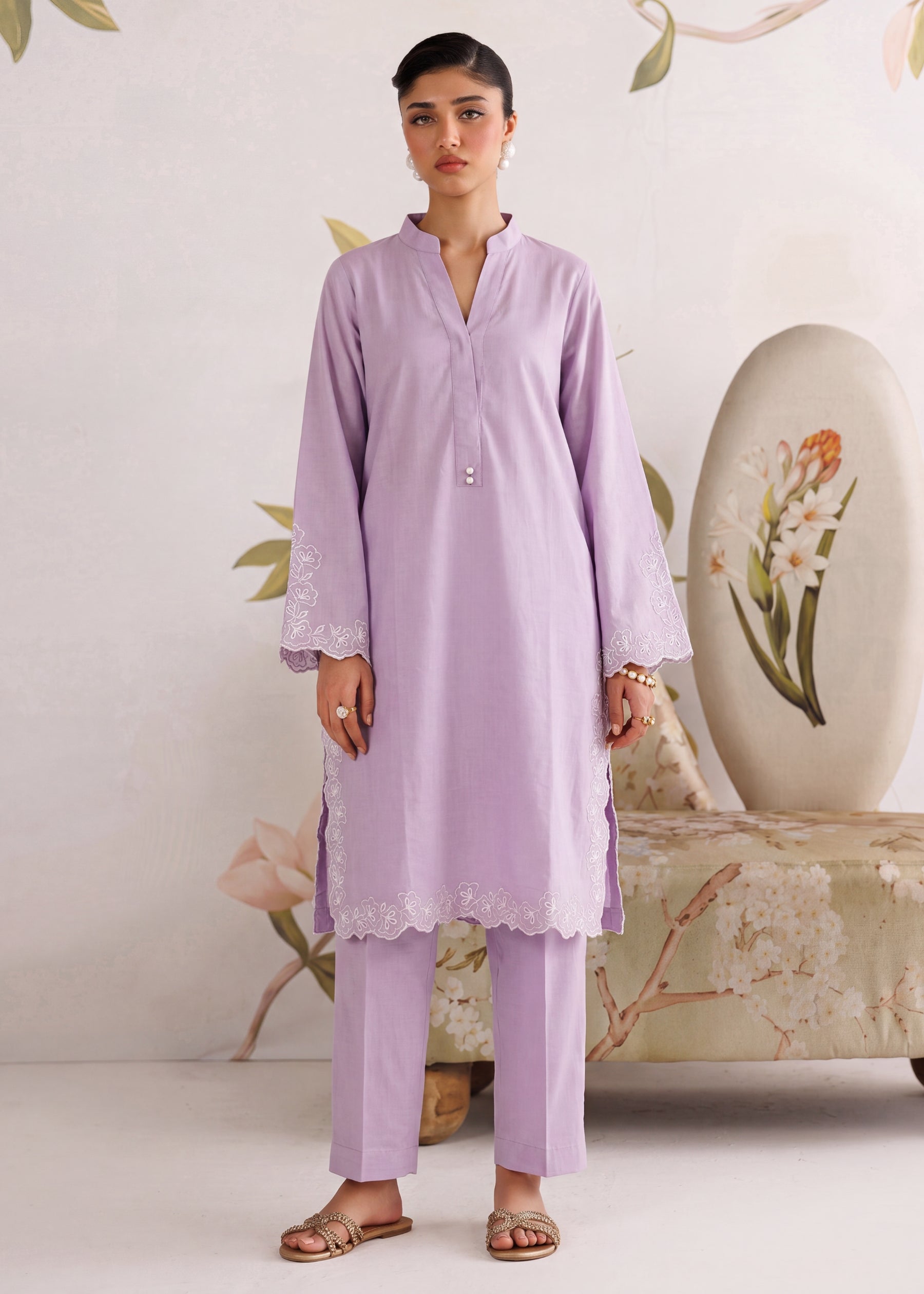 linen Kurta Set in Lavender mist