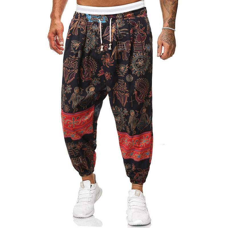 Casual Harem Pants Men'S Ethnic Style Cotton and Linen Loose Cropped Trousers