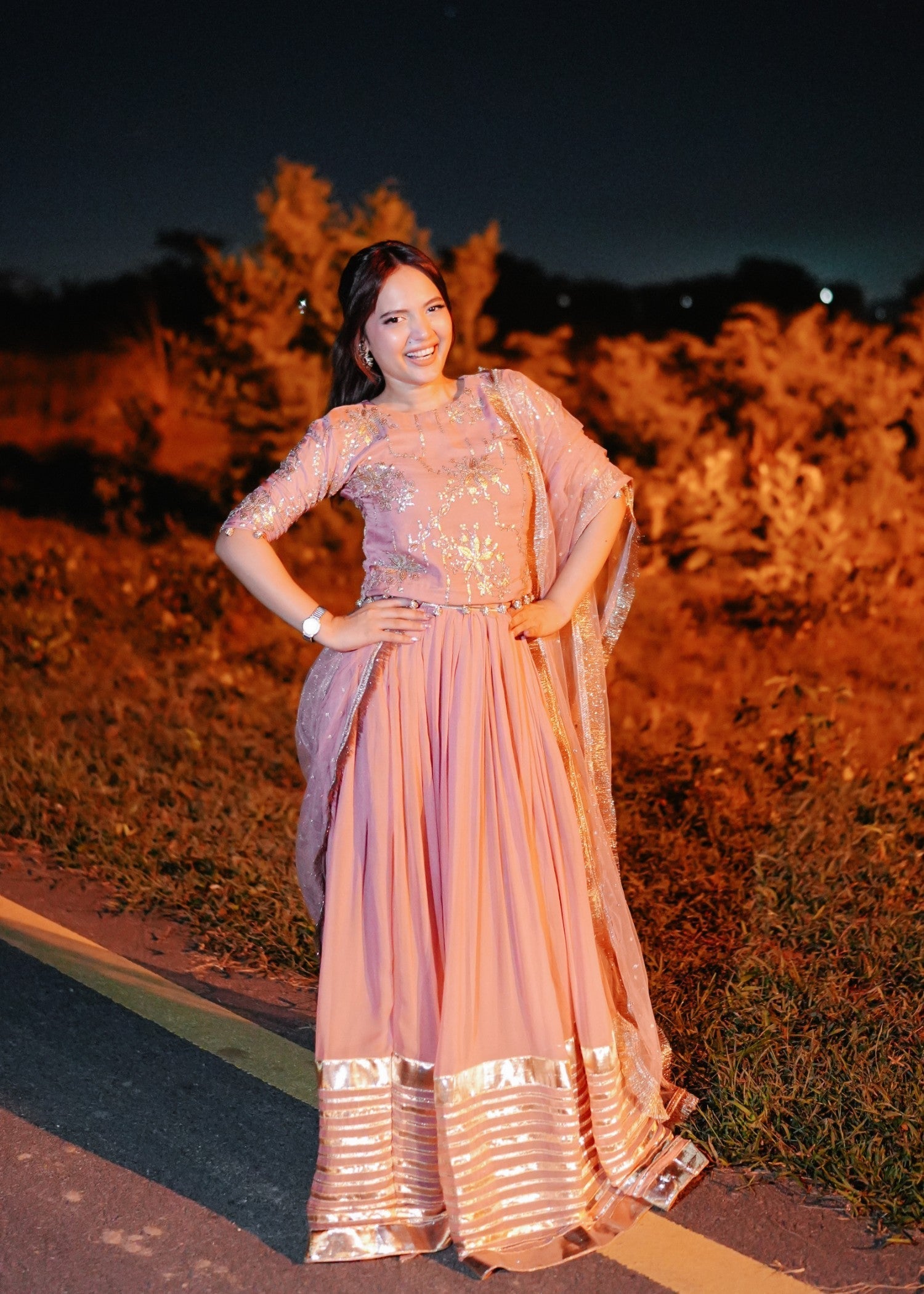 bemberg crinkle chiffon Lehenga in Pink