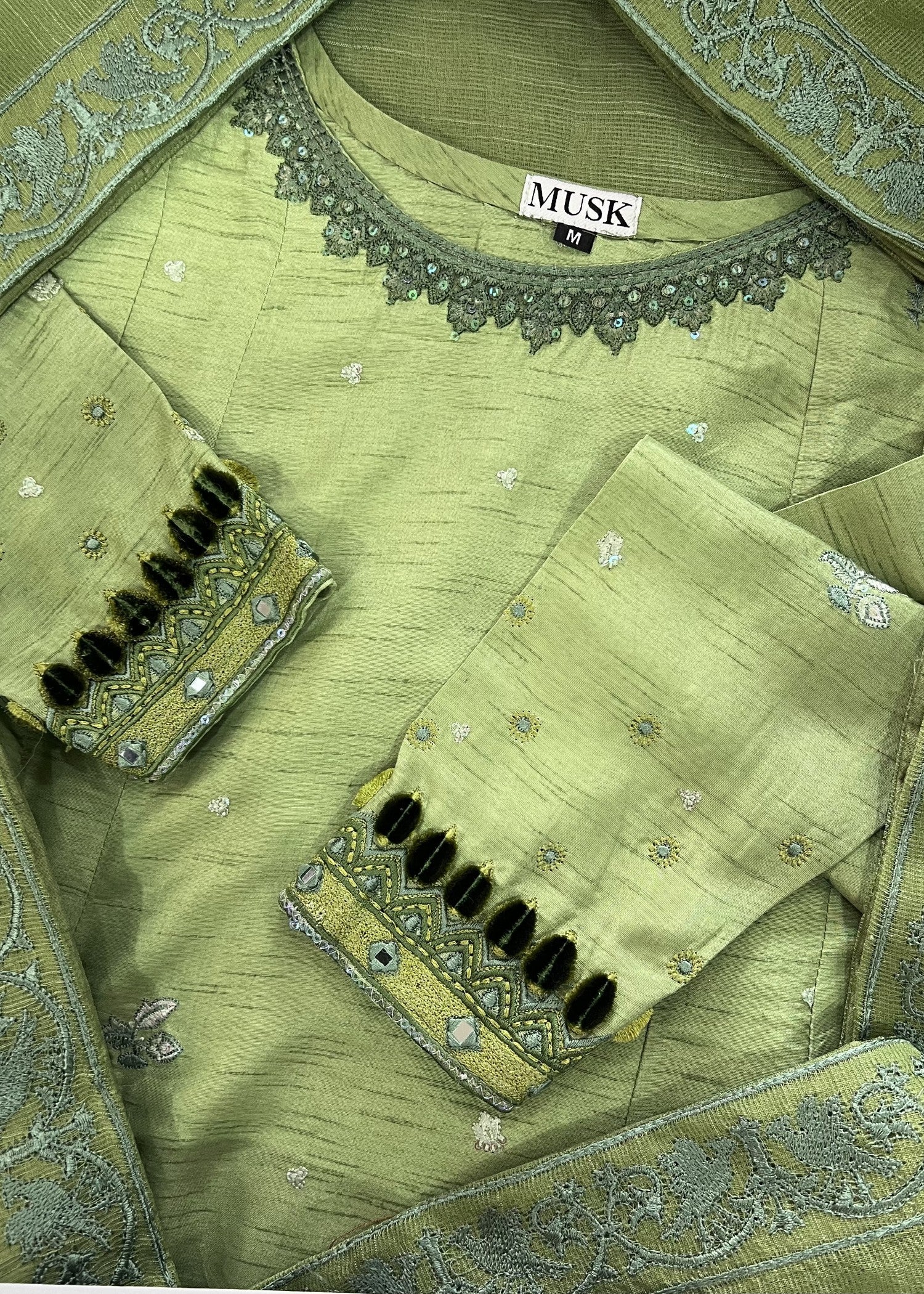 indian raw silk Anarkali in Moss green