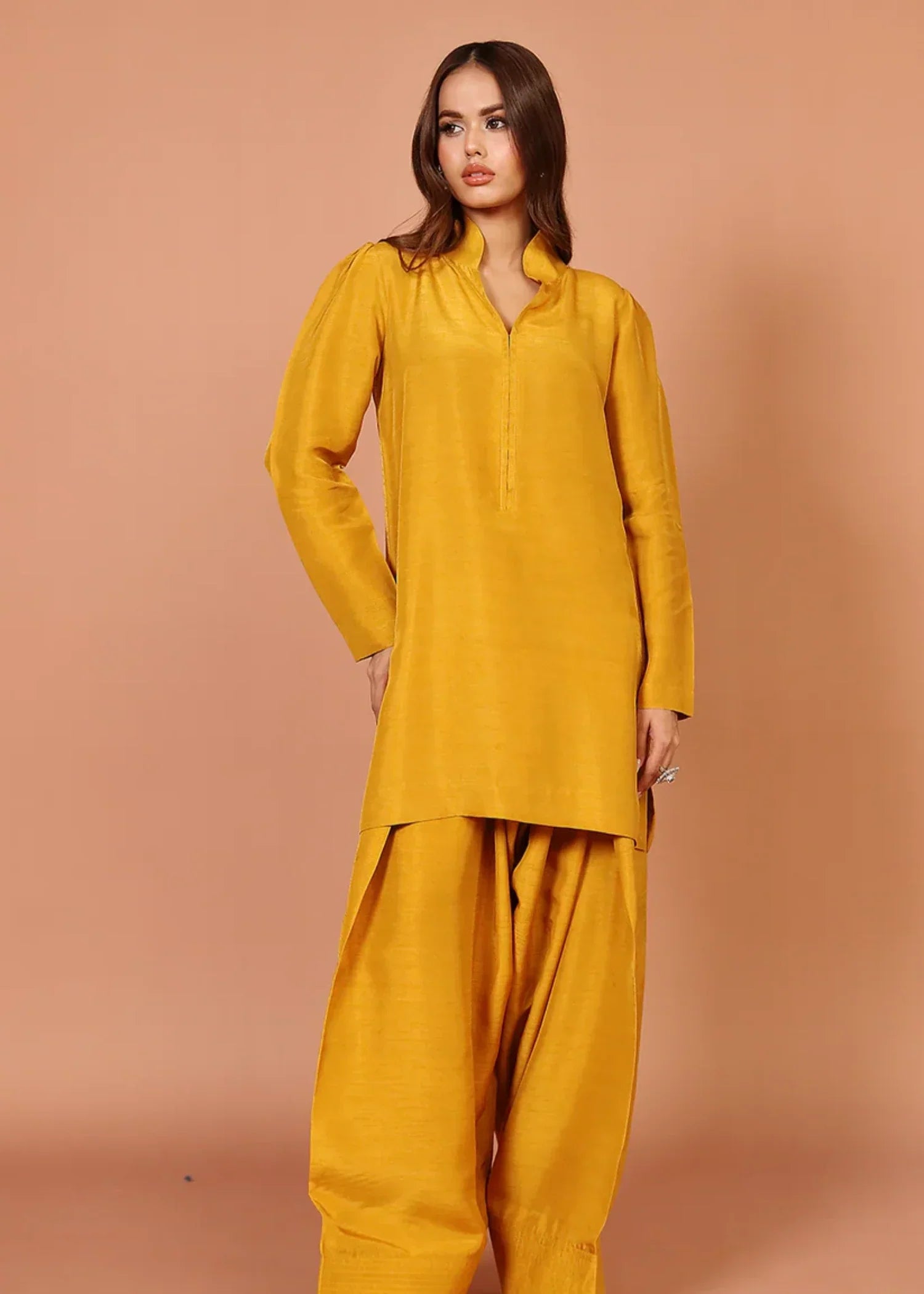 indian raw silk Kurta Set in Saffron