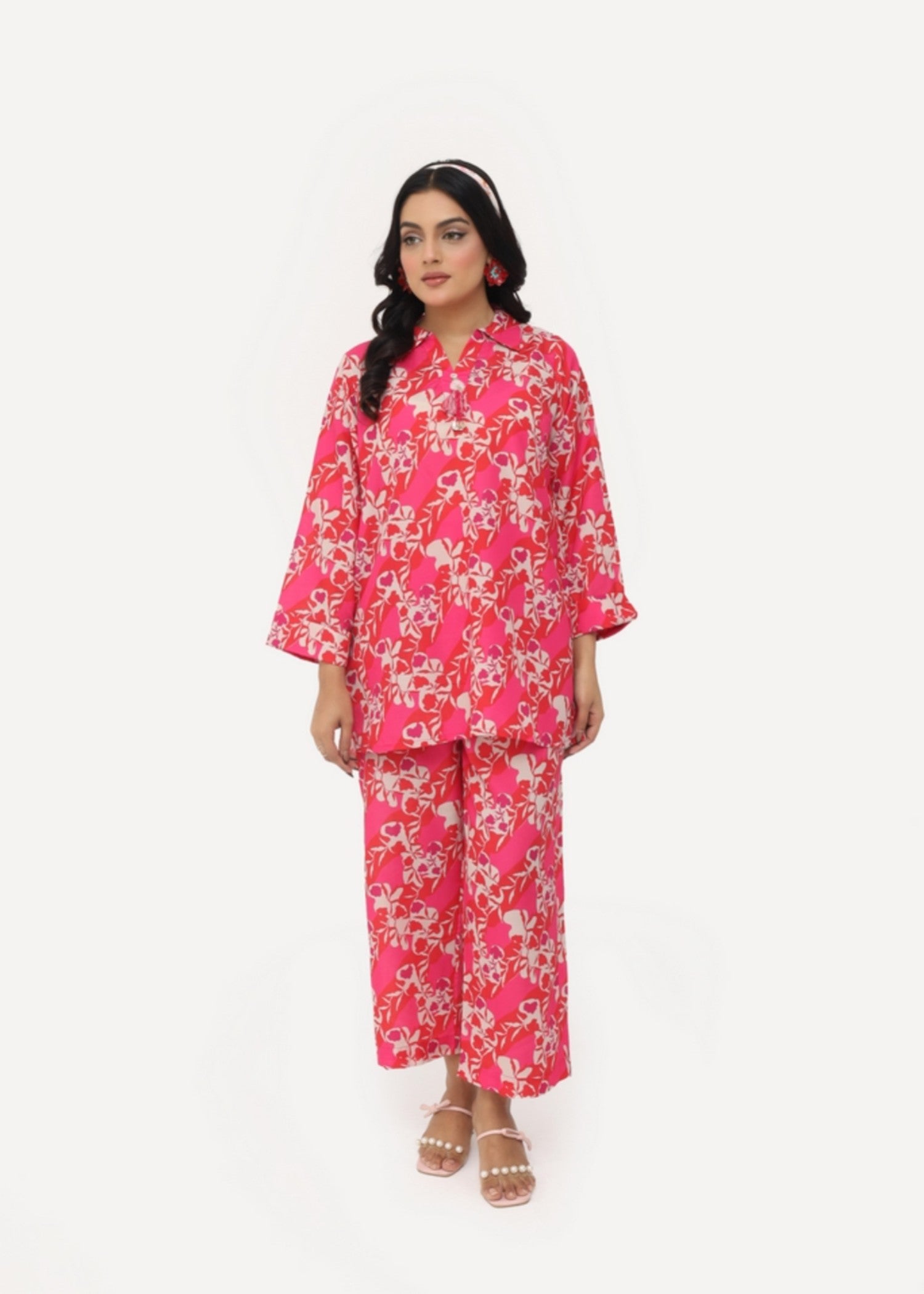 silk finish lawn Co ord Sets in Deep pink