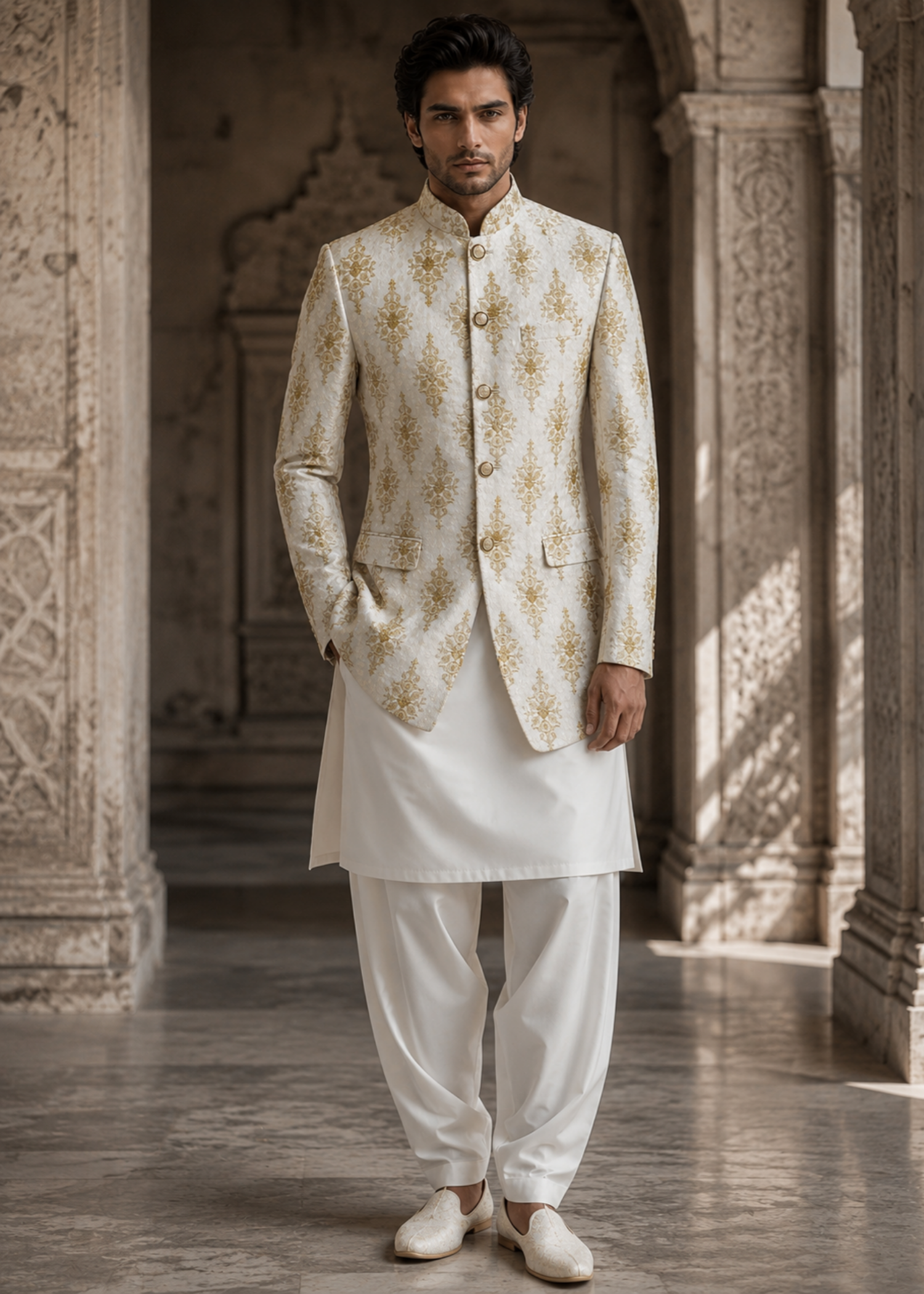 jamawar Prince Coat in White, gold