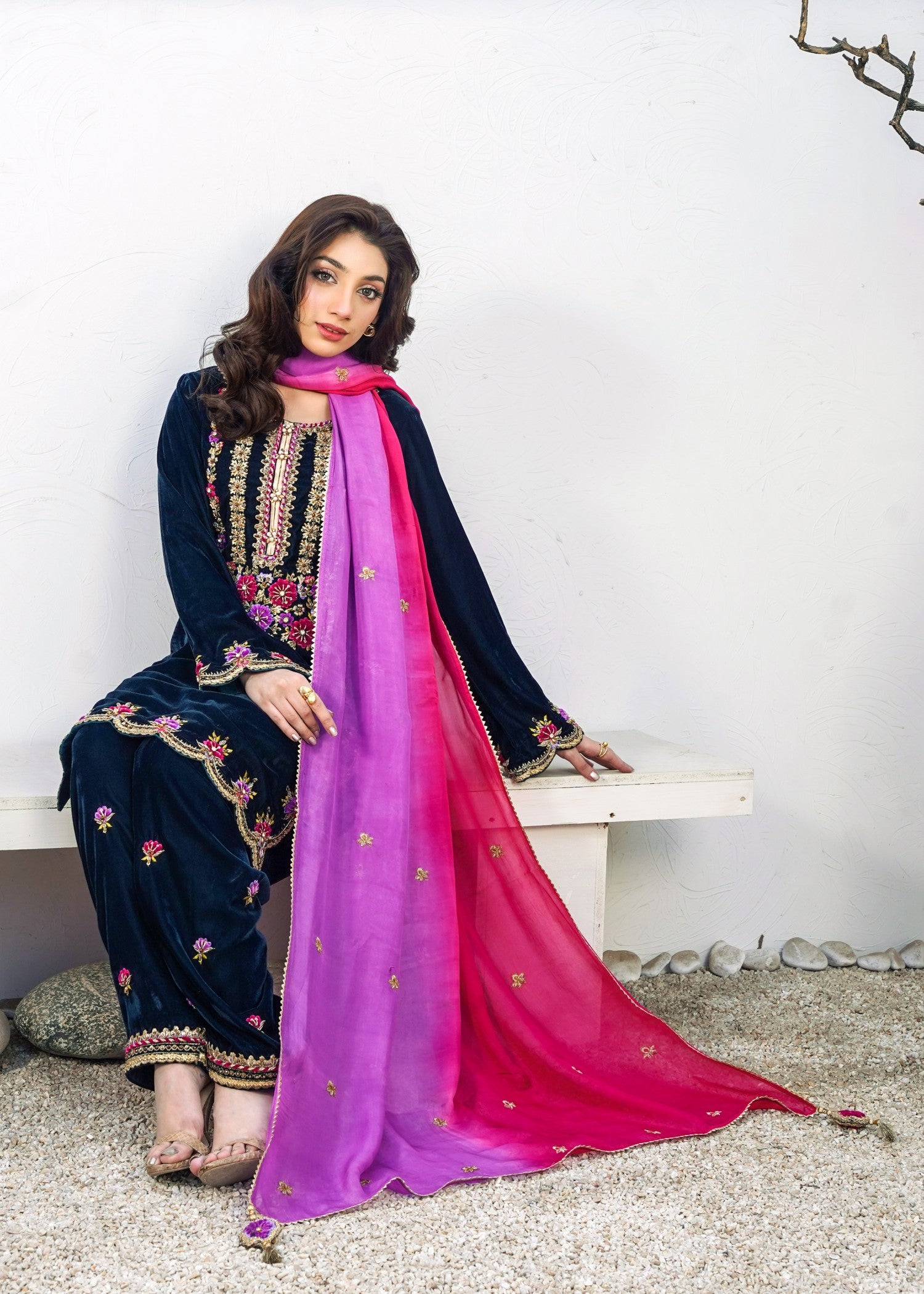 velvet Kurta Set in Twilight blue