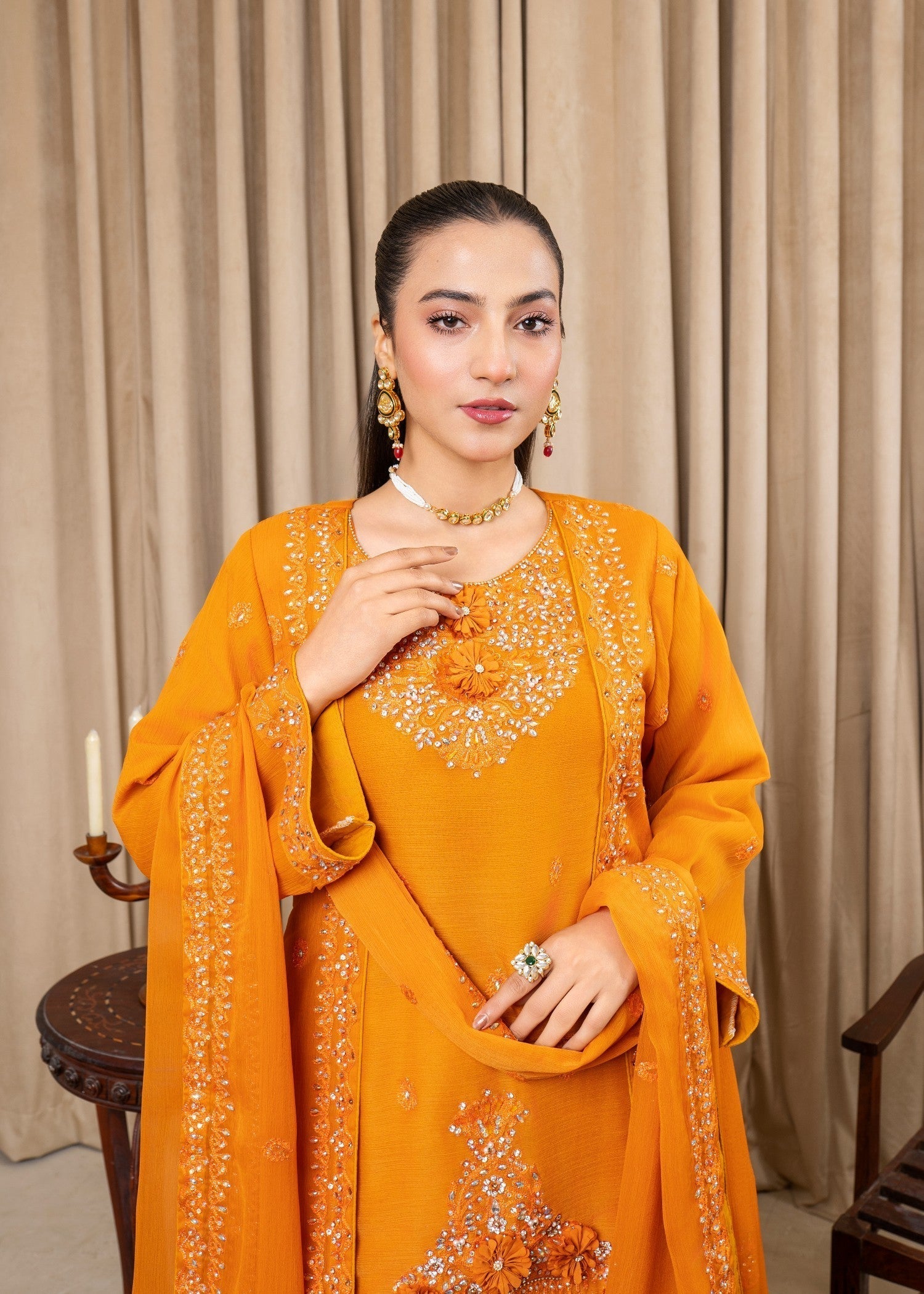 chiffon Gharara in Mustard