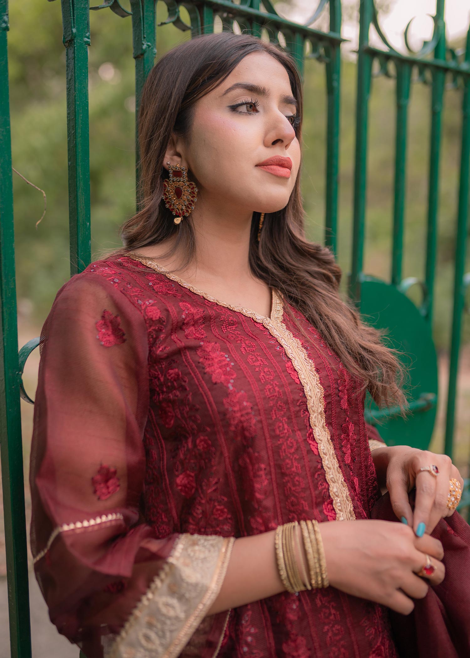net Kurta Set in Maroon