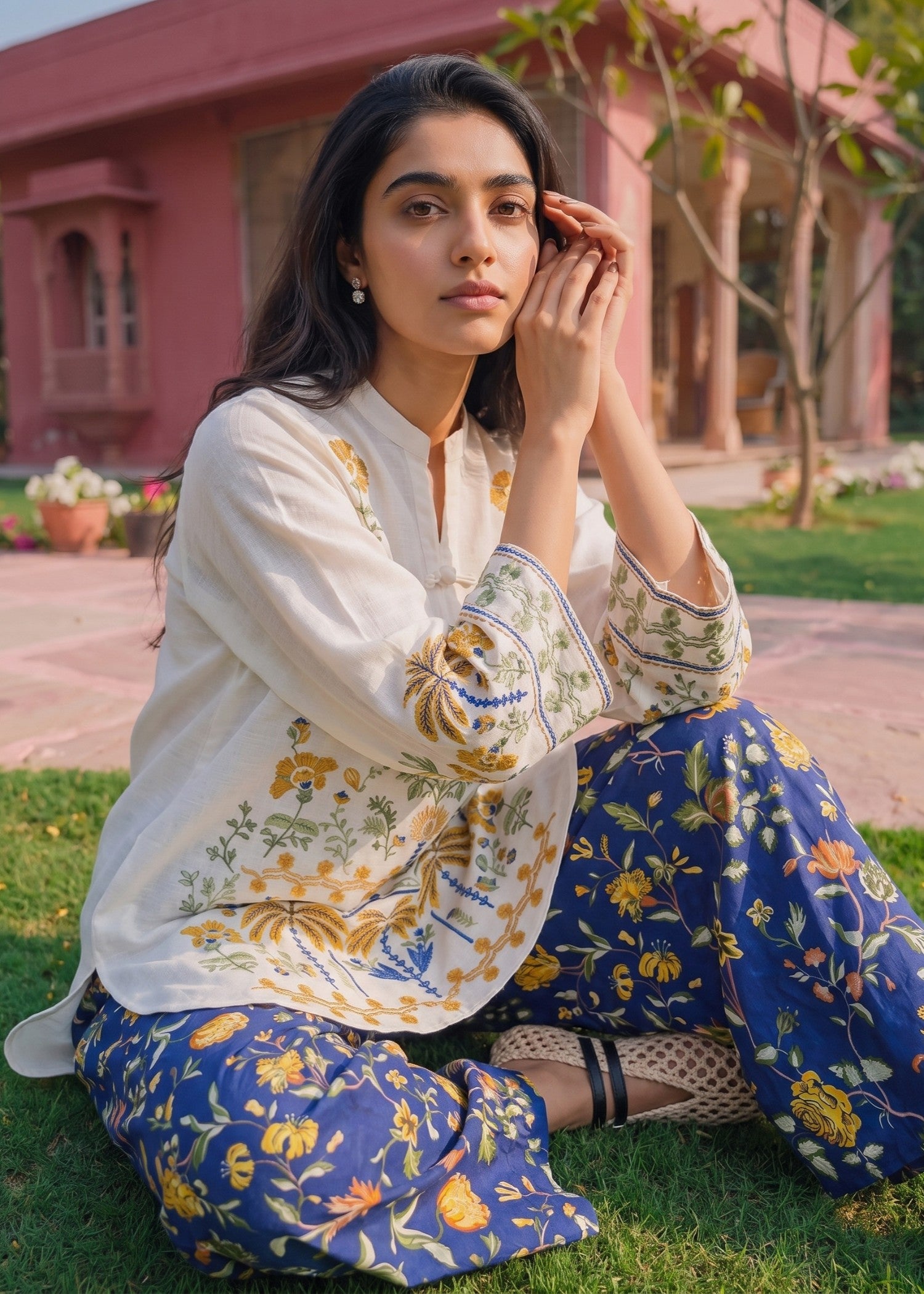 cotton Kurta Set in Off-white, midnight blue