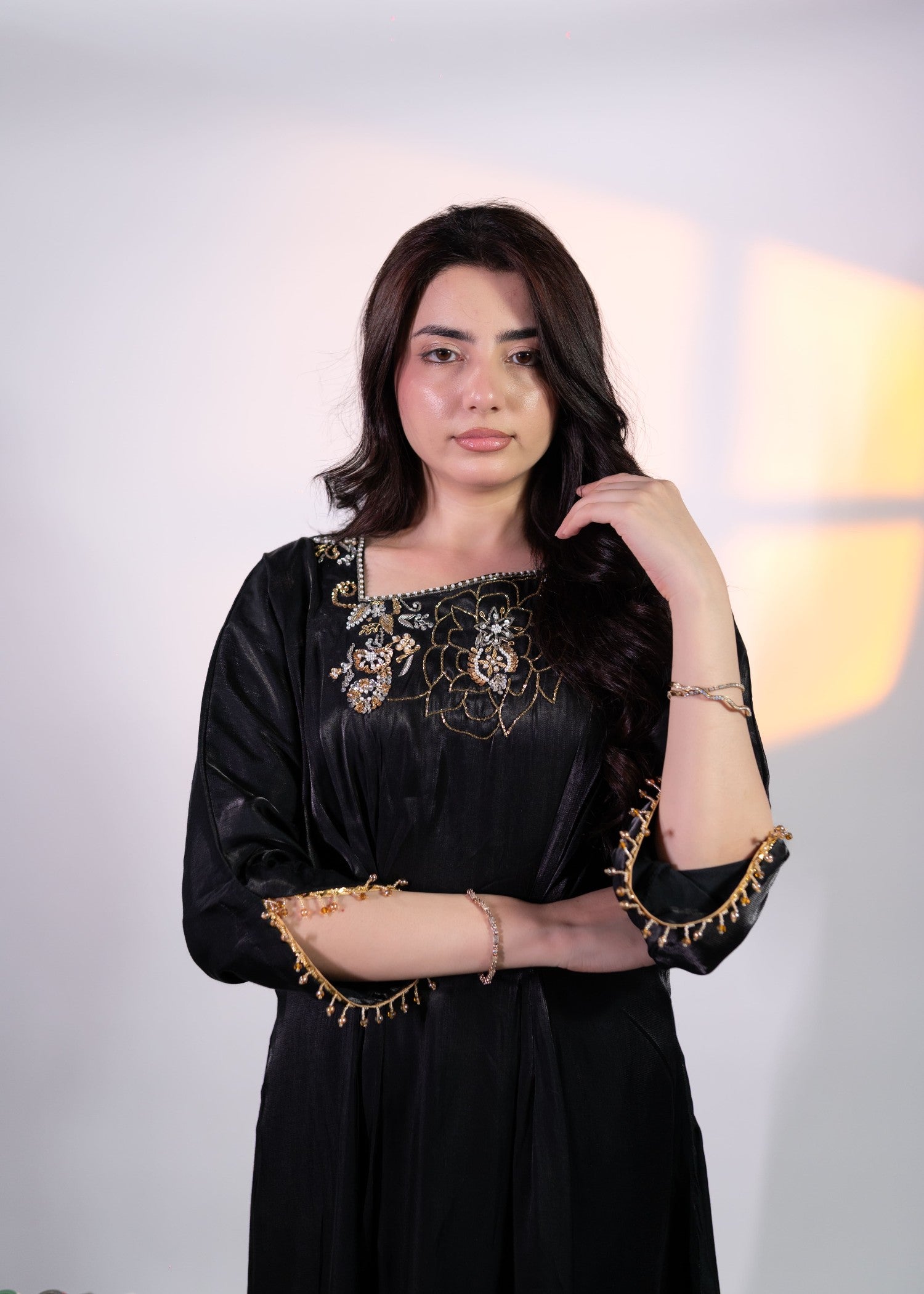 cotton silk Kaftan in Black