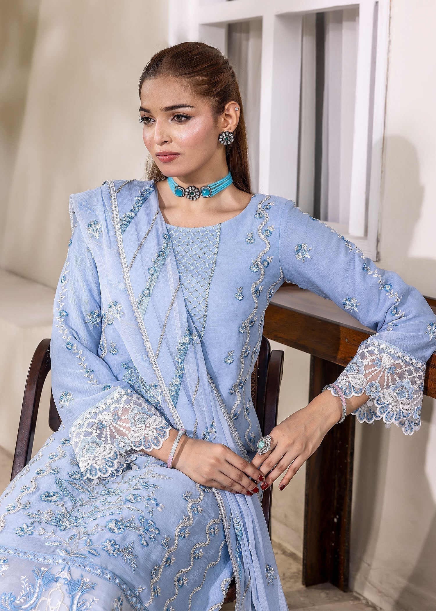 chiffon silk Kurta Set in Powder blue