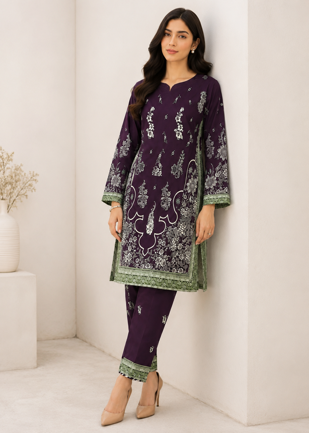 herringbone Kurta Set in Plum