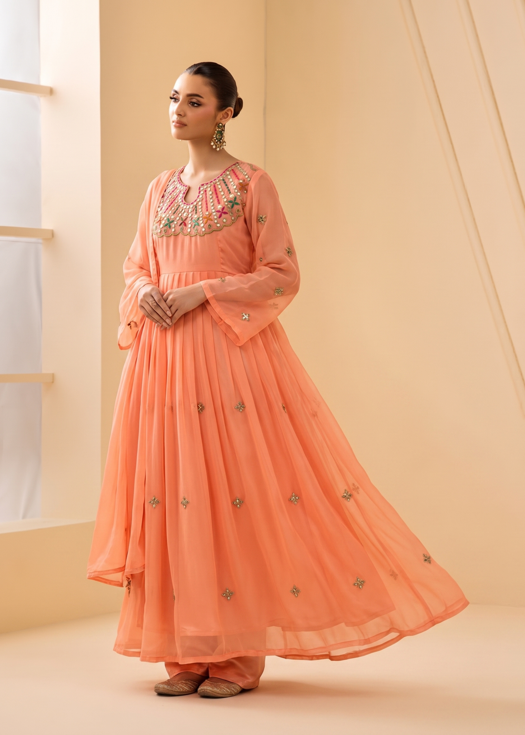organza Anarkali in Peach orange