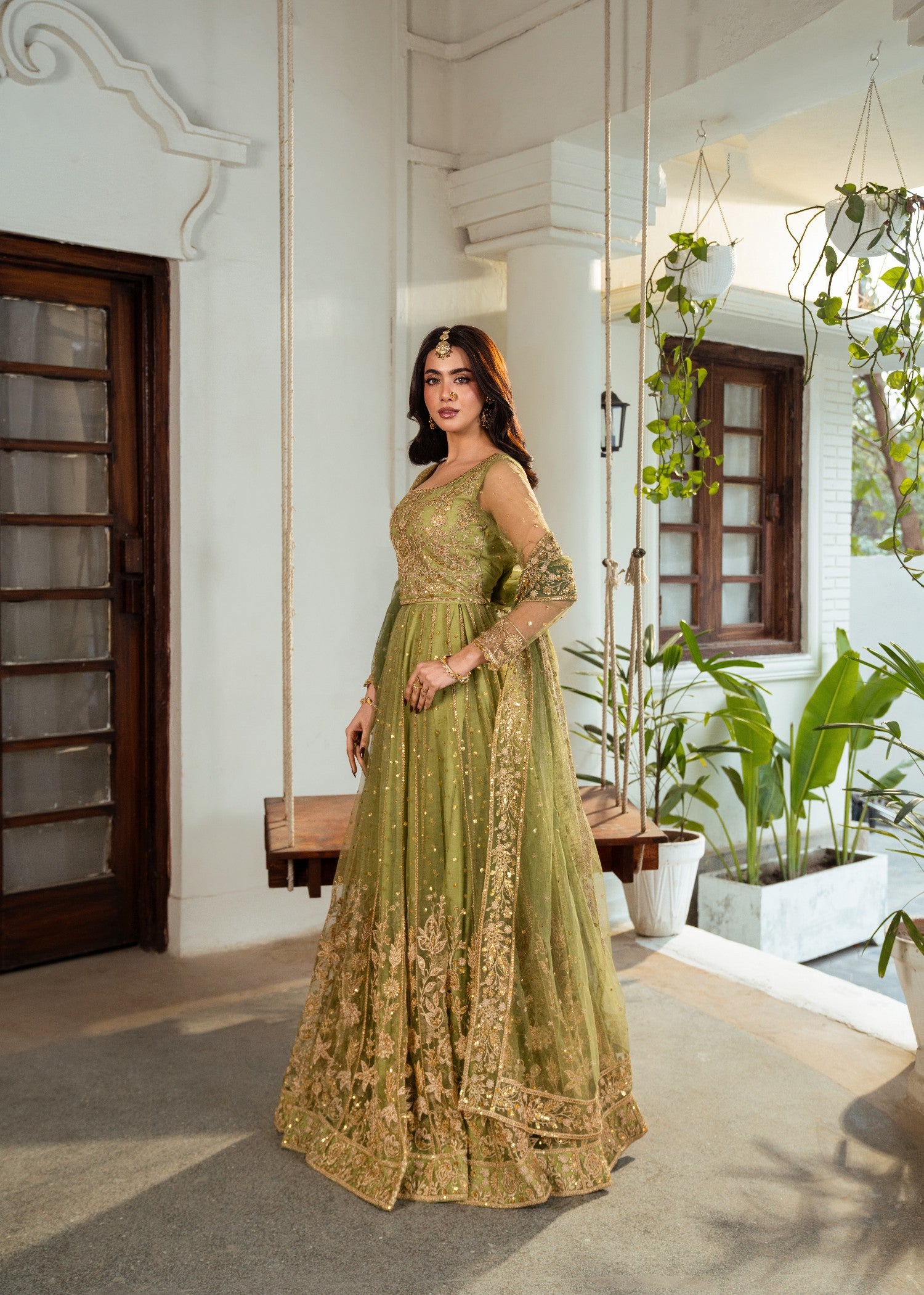 net Lehenga in Olive green