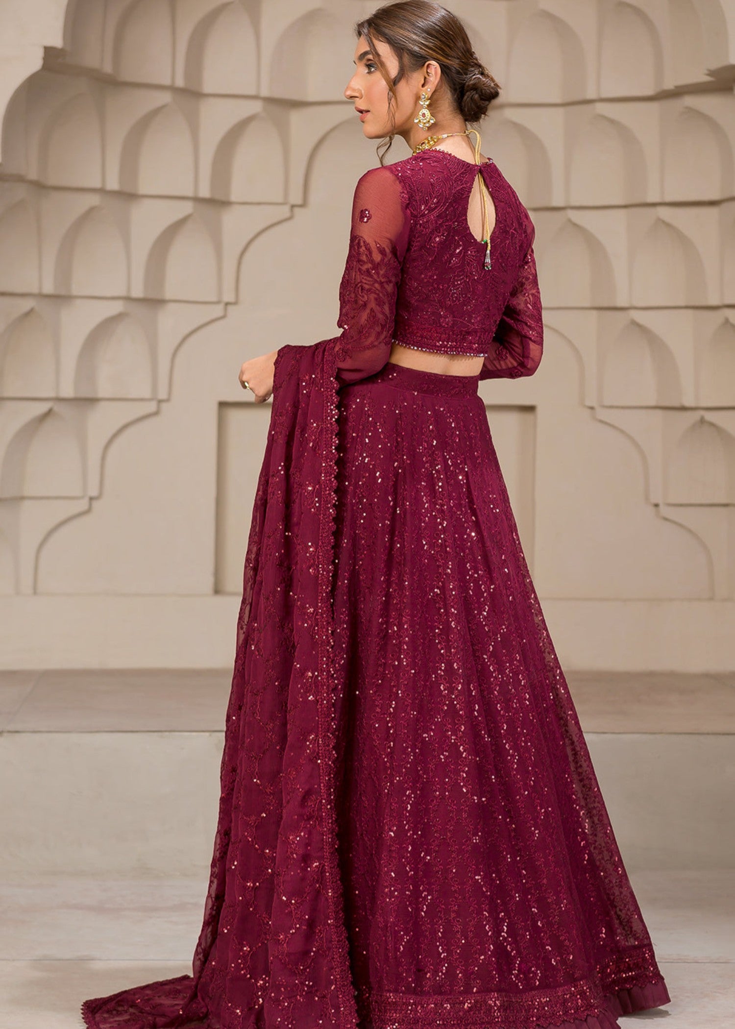 chiffon Lehenga in Cherry red