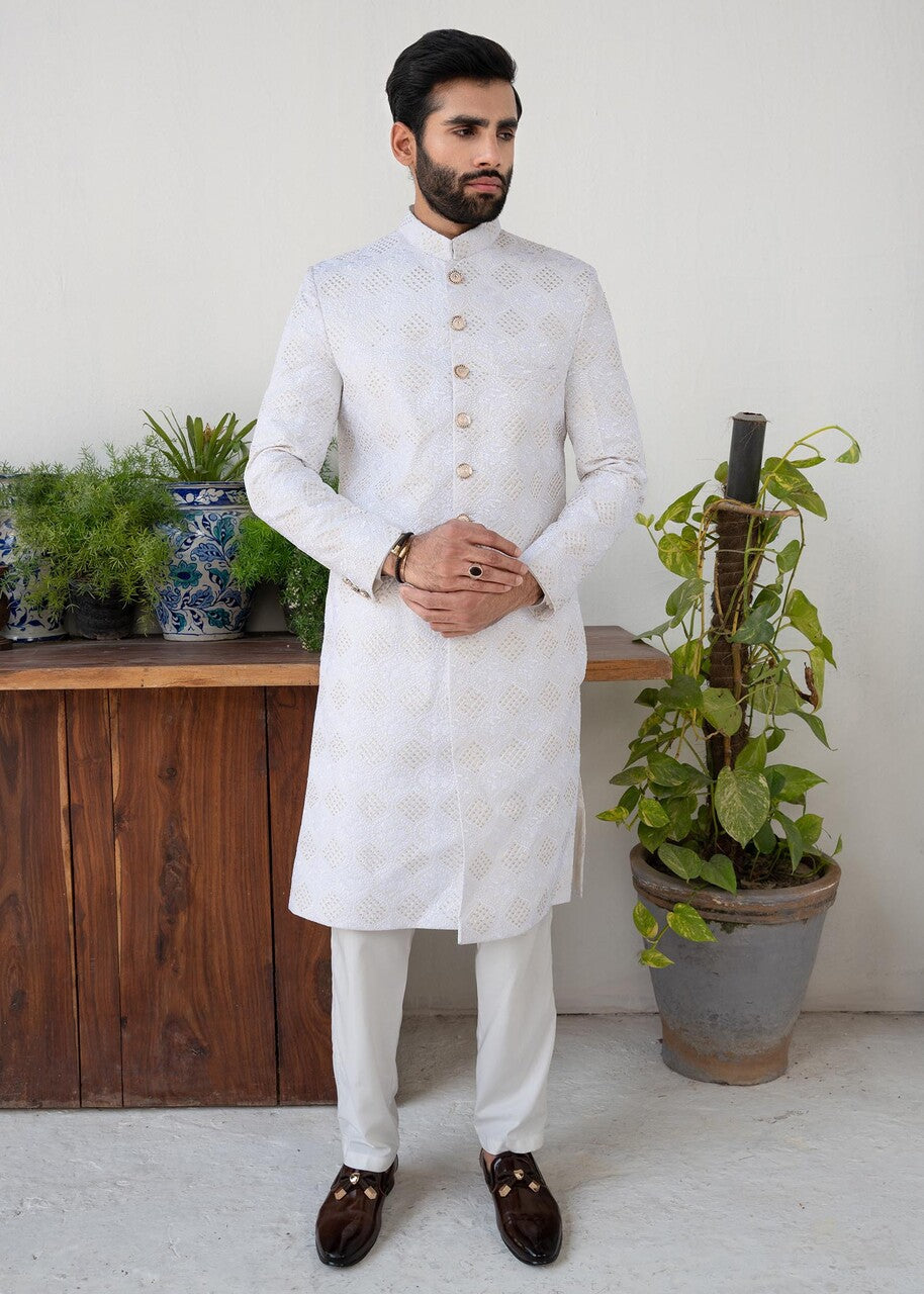 silk Sherwani in White