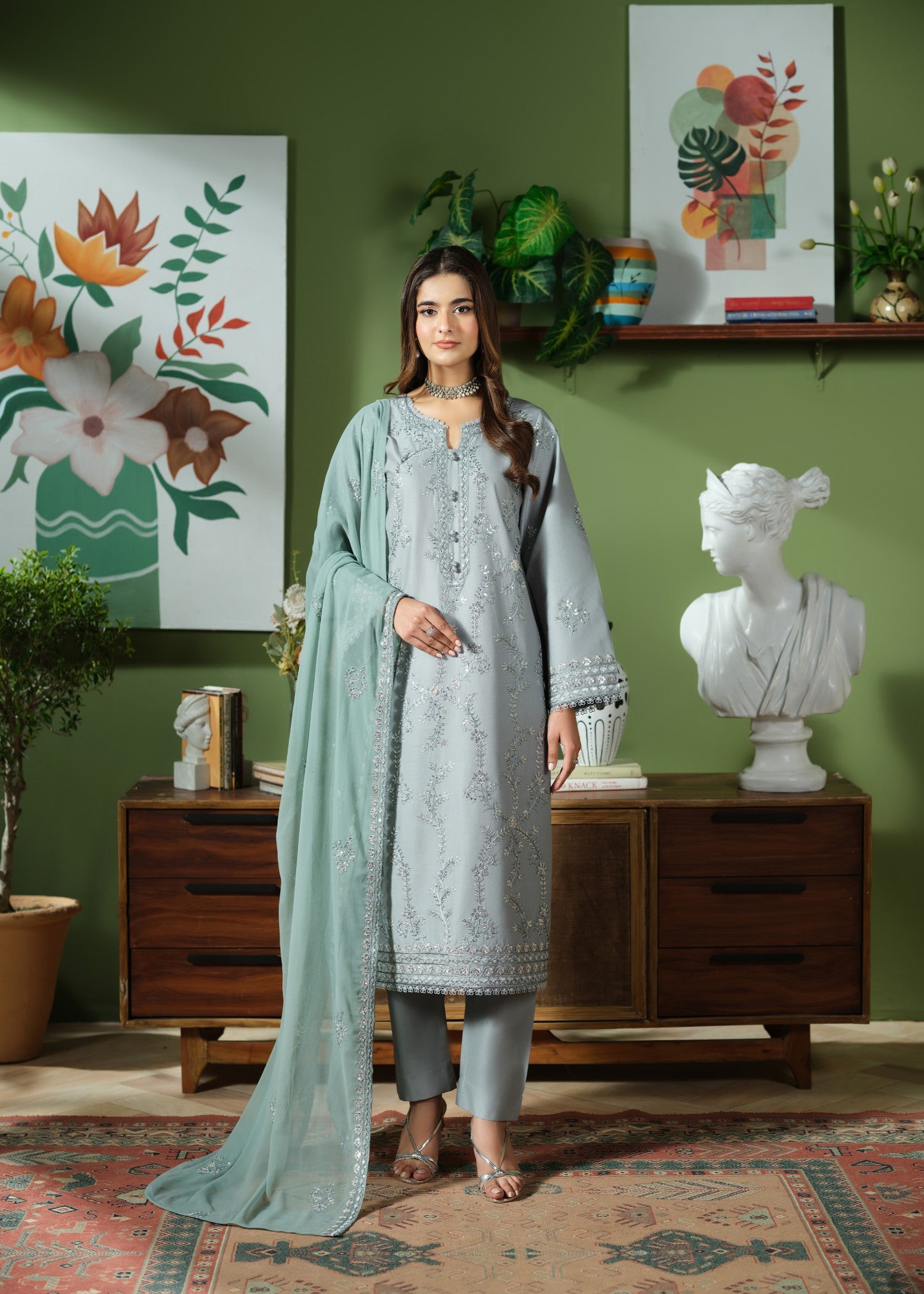 cambric cotton Kurta Set in Pastel grey