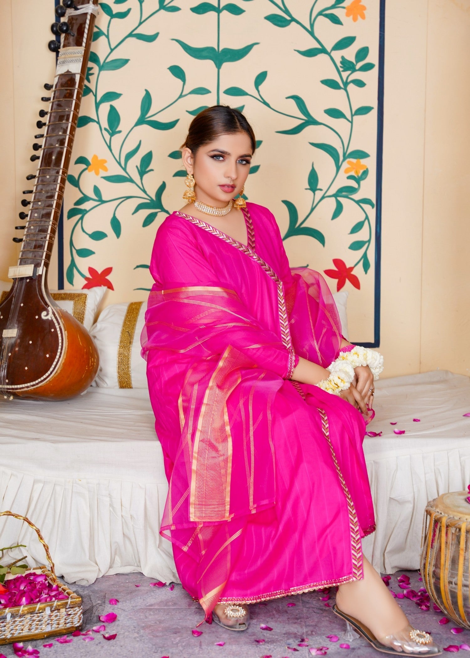 lawn Angrakha in Shocking pink