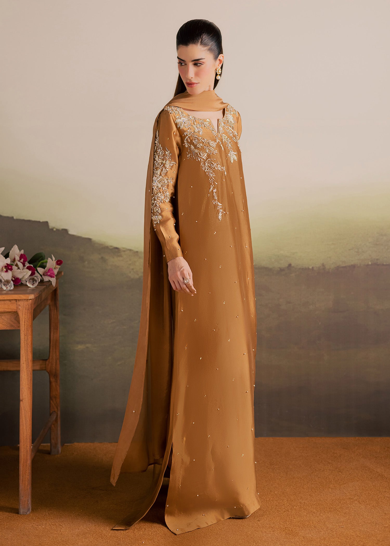 tussar silk Kaftan in Caramel brown
