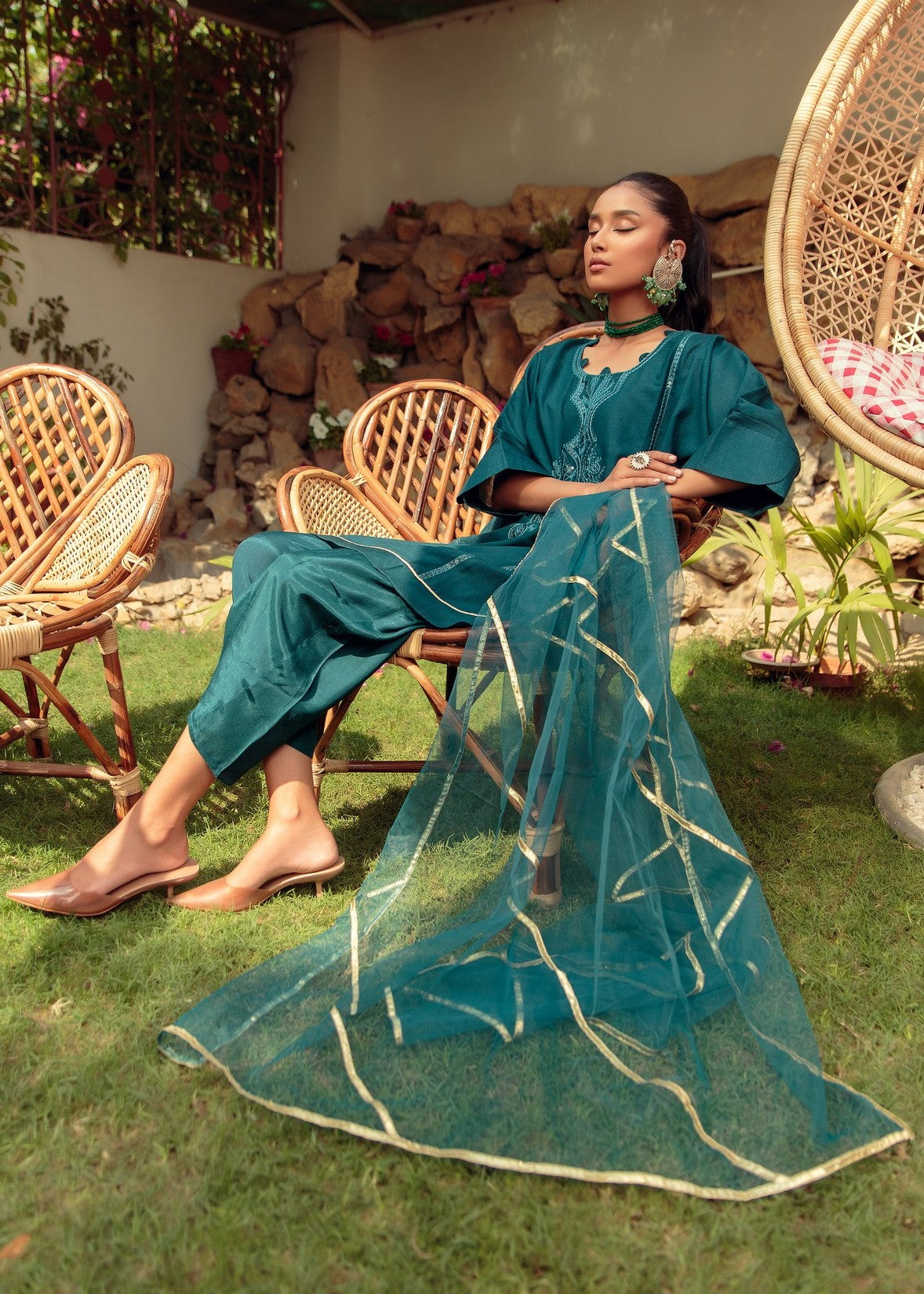 cotton net Kurta Set in Bottle green
