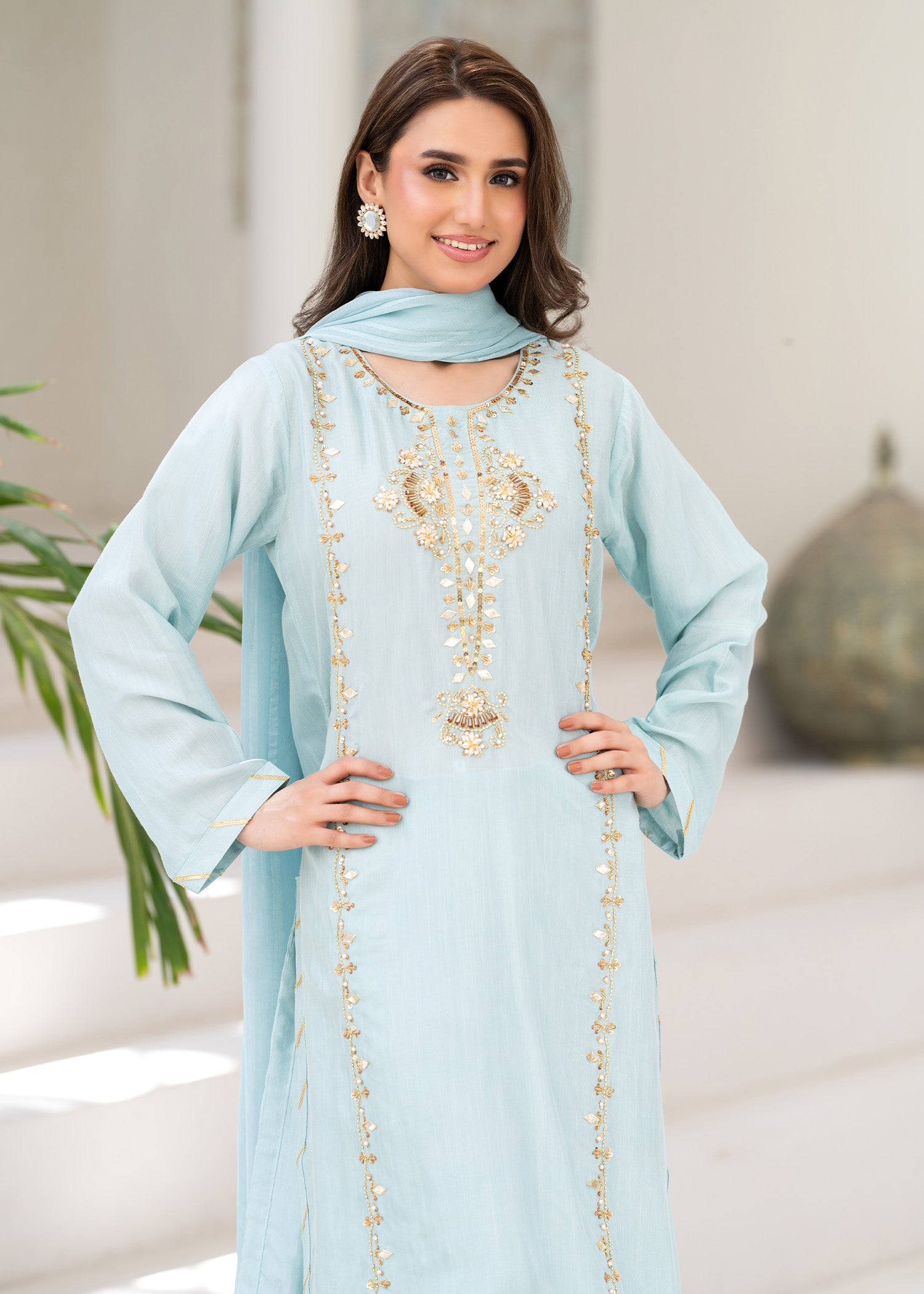 blended grip silk Kurta Set in Aquamarine