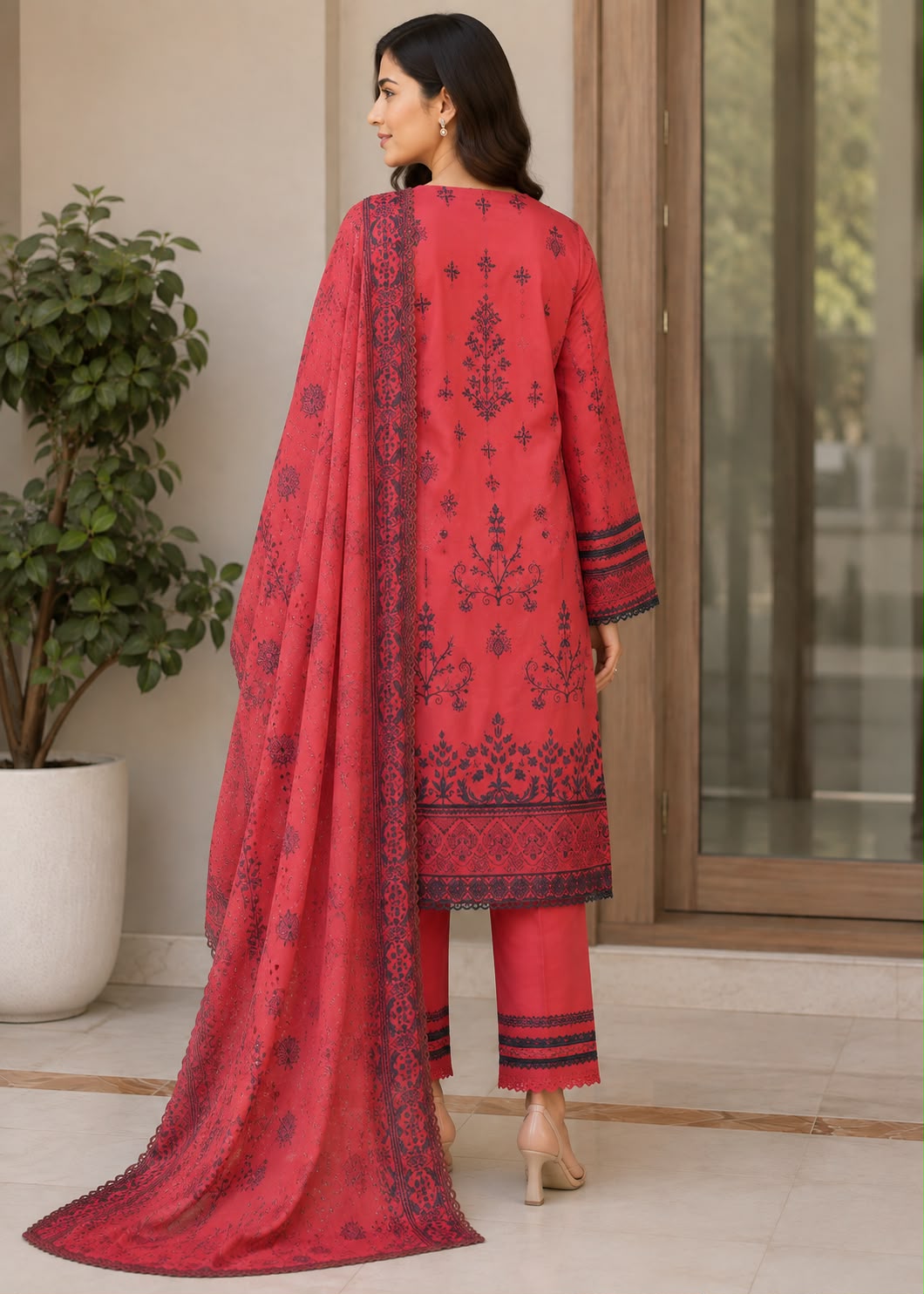 lawn Kurta Set in Watermelon pink