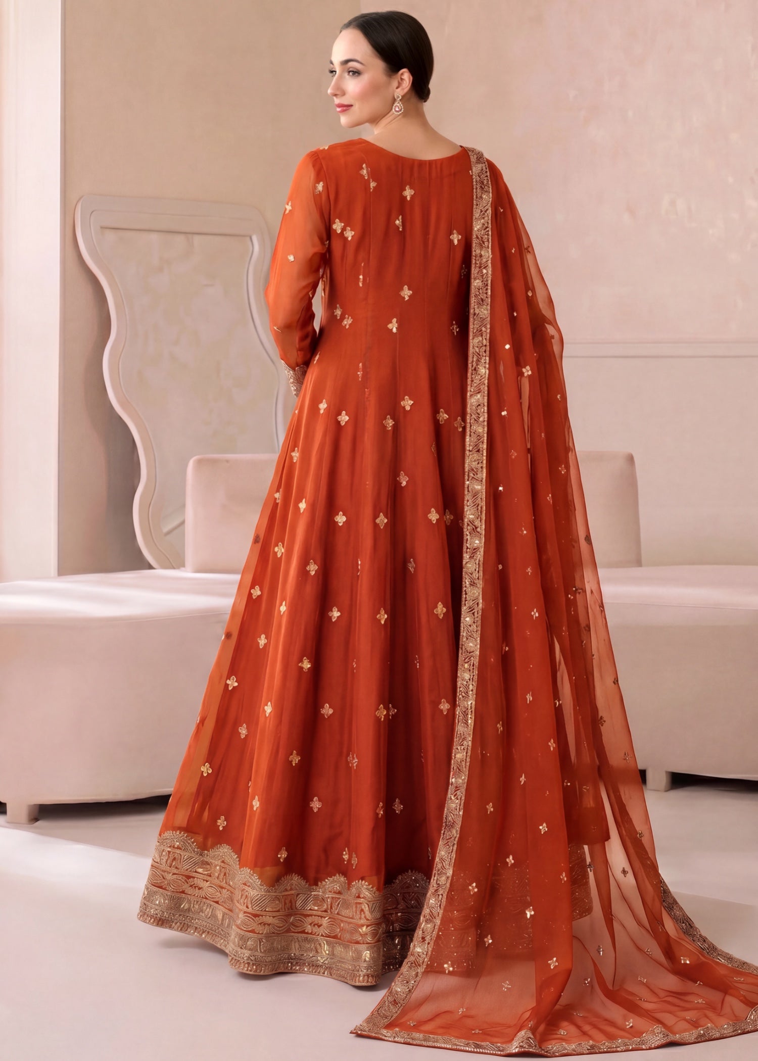 chiffon Pishwas in Rust orange