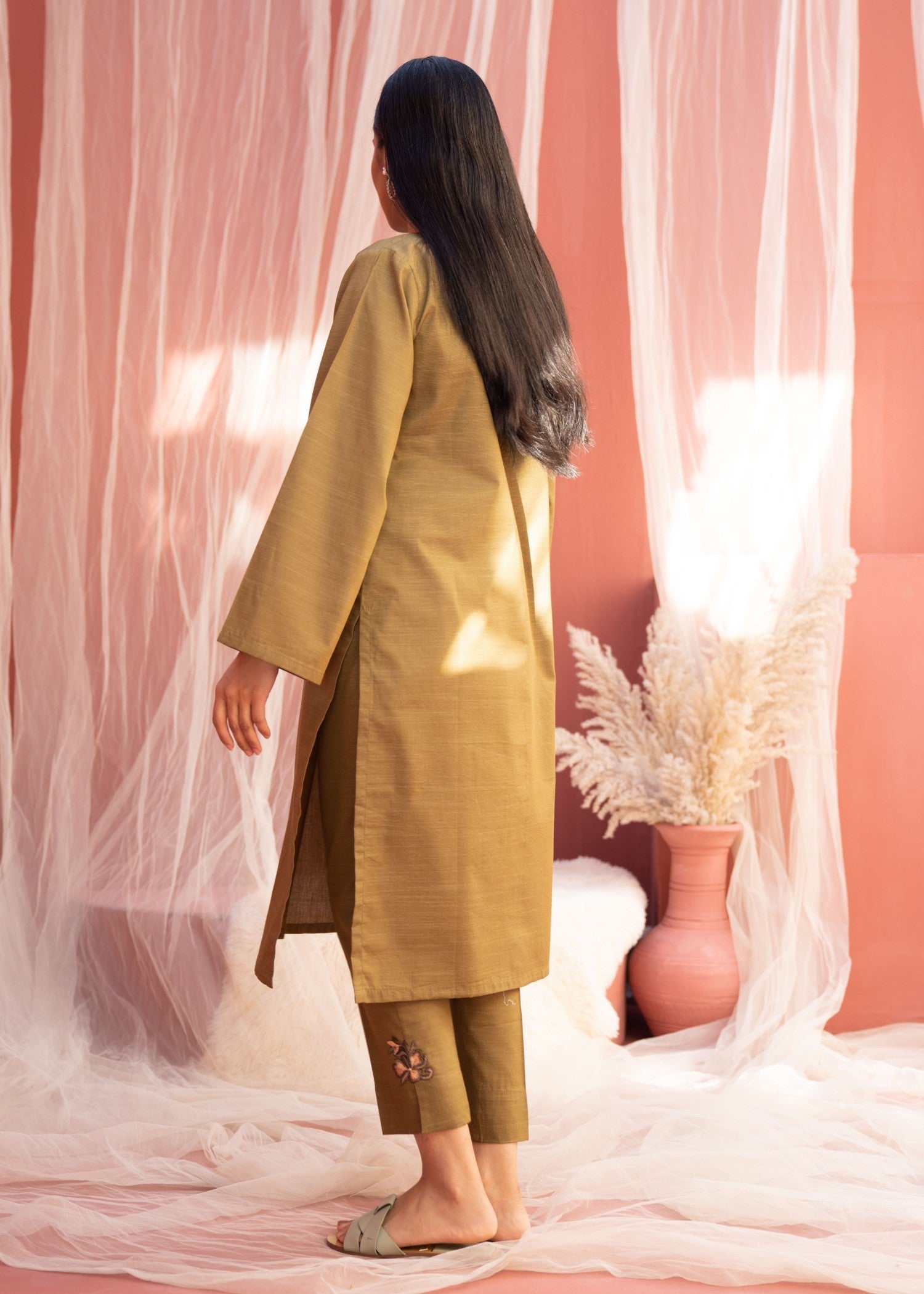 slub cambric Kurta Set in Olive green