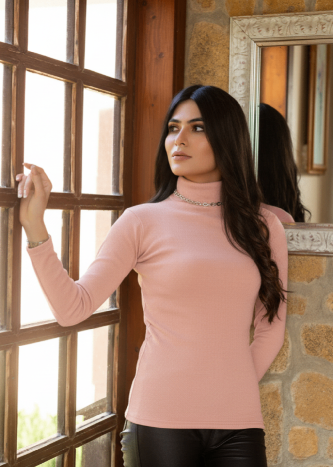 jersey knit Turtle Neck in Mauve pink, pink
