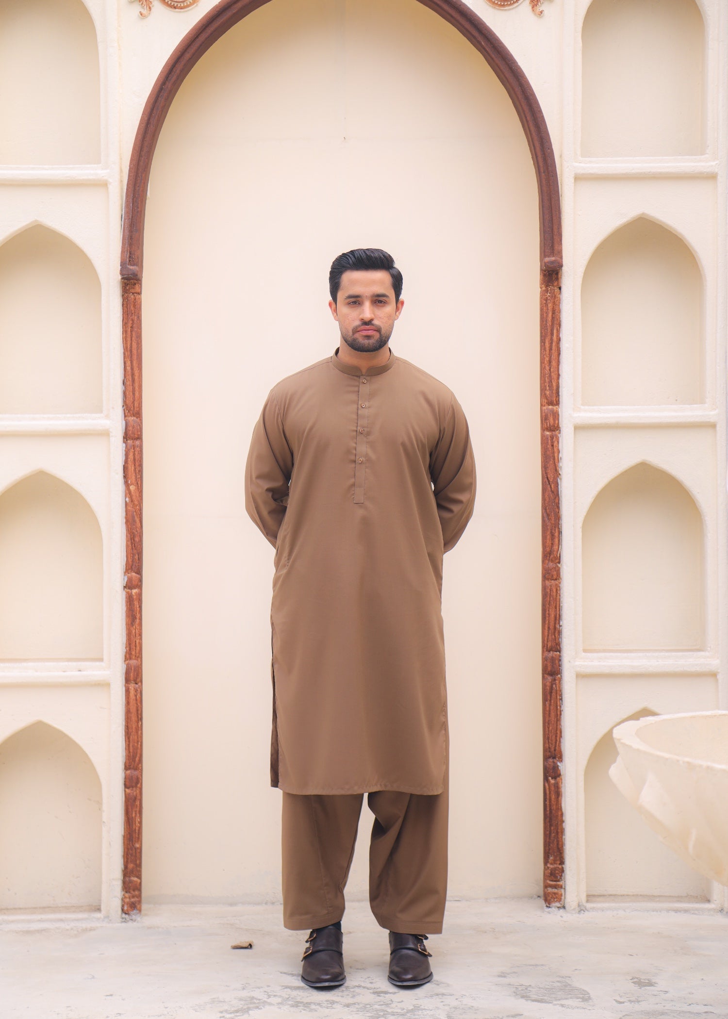 wash & wear Shalwar Kameez in Brown by Sapretbysaba