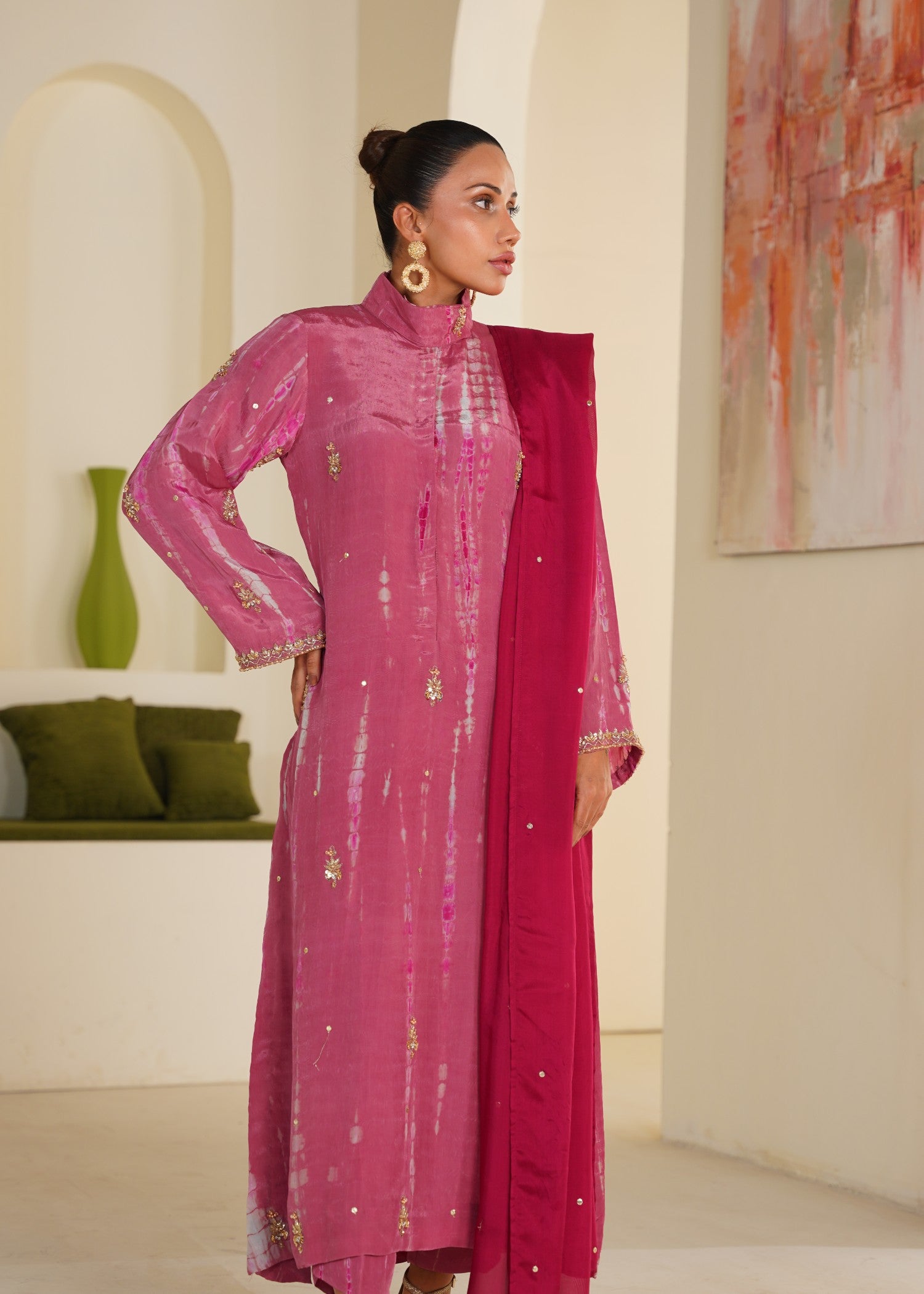 tussar silk Kurta Set in Tea rose pink, lusty gallant