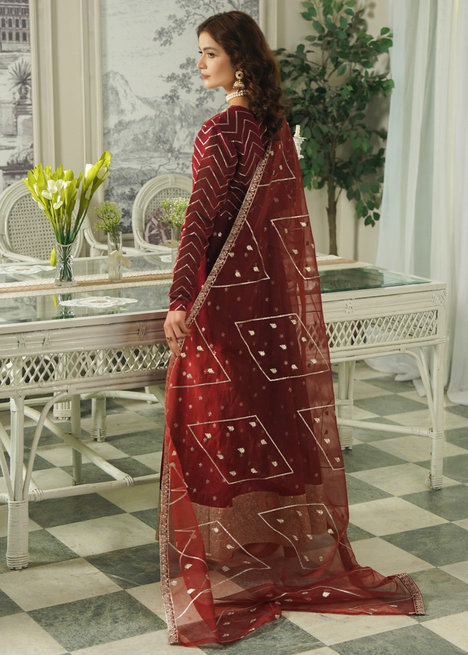 paper lawn Pishwas in Maroon