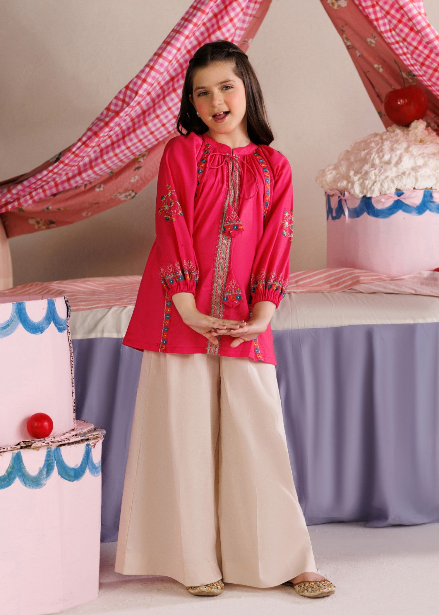 lawn Short Frock in Hot pink