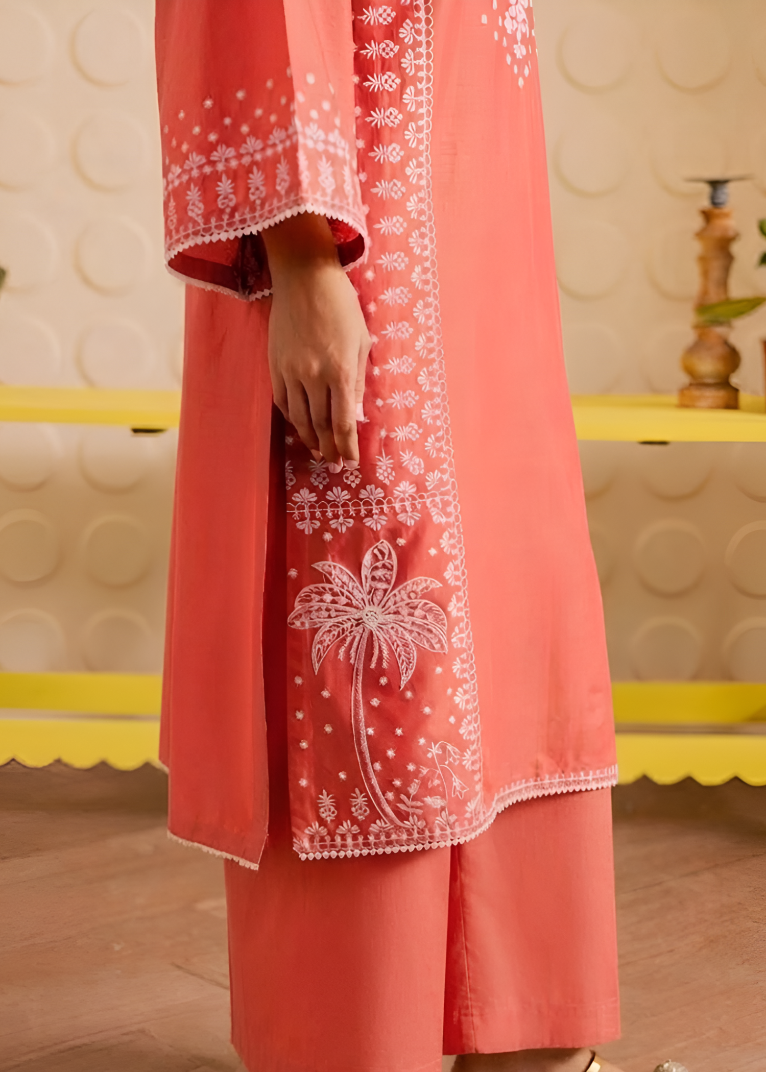 linen Kurta Set in Coral pink